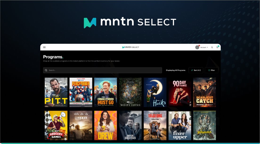 MNTN Select Programs page displaying a searchable grid of premium CTV show titles including The Pitt, Peacemaker, and Landman.
