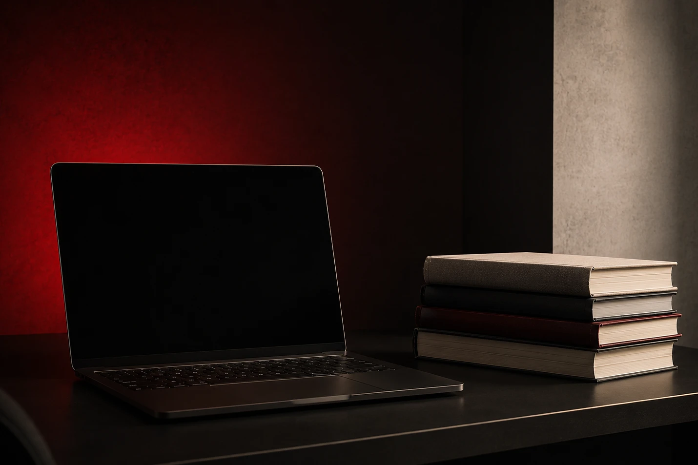 Dark laptop and stacked textbooks on a modern desk, framed by a soft red glow and warm gray highlights.