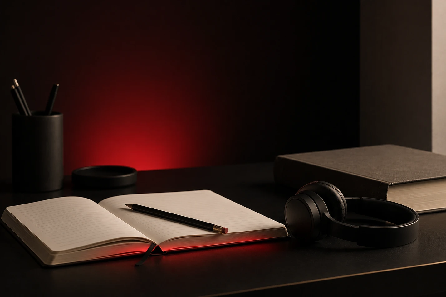 Open notebook, pencil, headphones, and textbook on a dark study desk illuminated by a soft red glow.