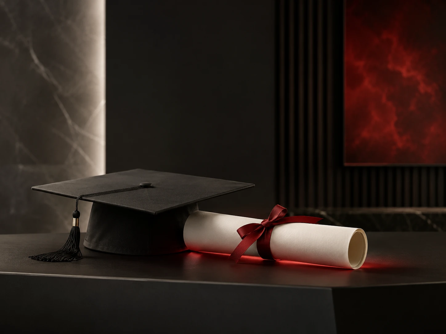 Graduation cap and rolled diploma with a red ribbon on a dark desk, softly illuminated by a restrained red glow.