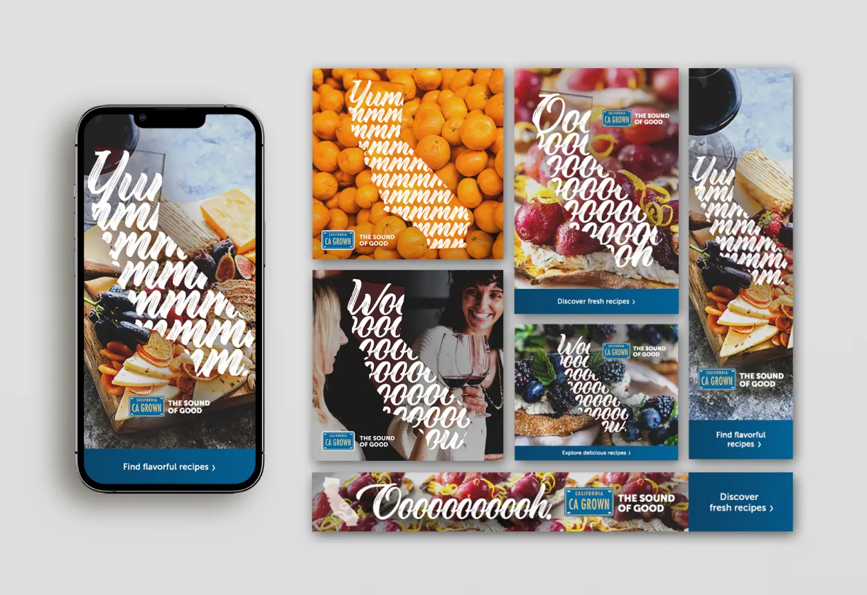 A collage of vibrant food images with text overlay. Text reads "Yummm" and "Oooooh," conveying delight. Blue "CA Grown" logos and recipe prompts appear throughout.
