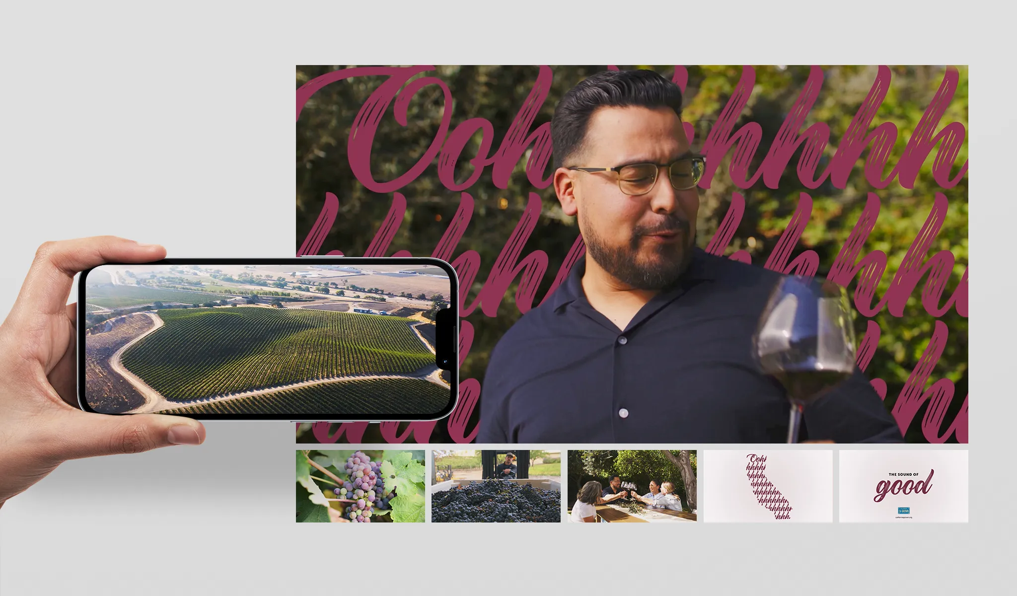 Man savoring red wine, eyes closed in appreciation, with vineyard seen on phone. Background has repeated "Oohhhh." Below are small vineyard images.