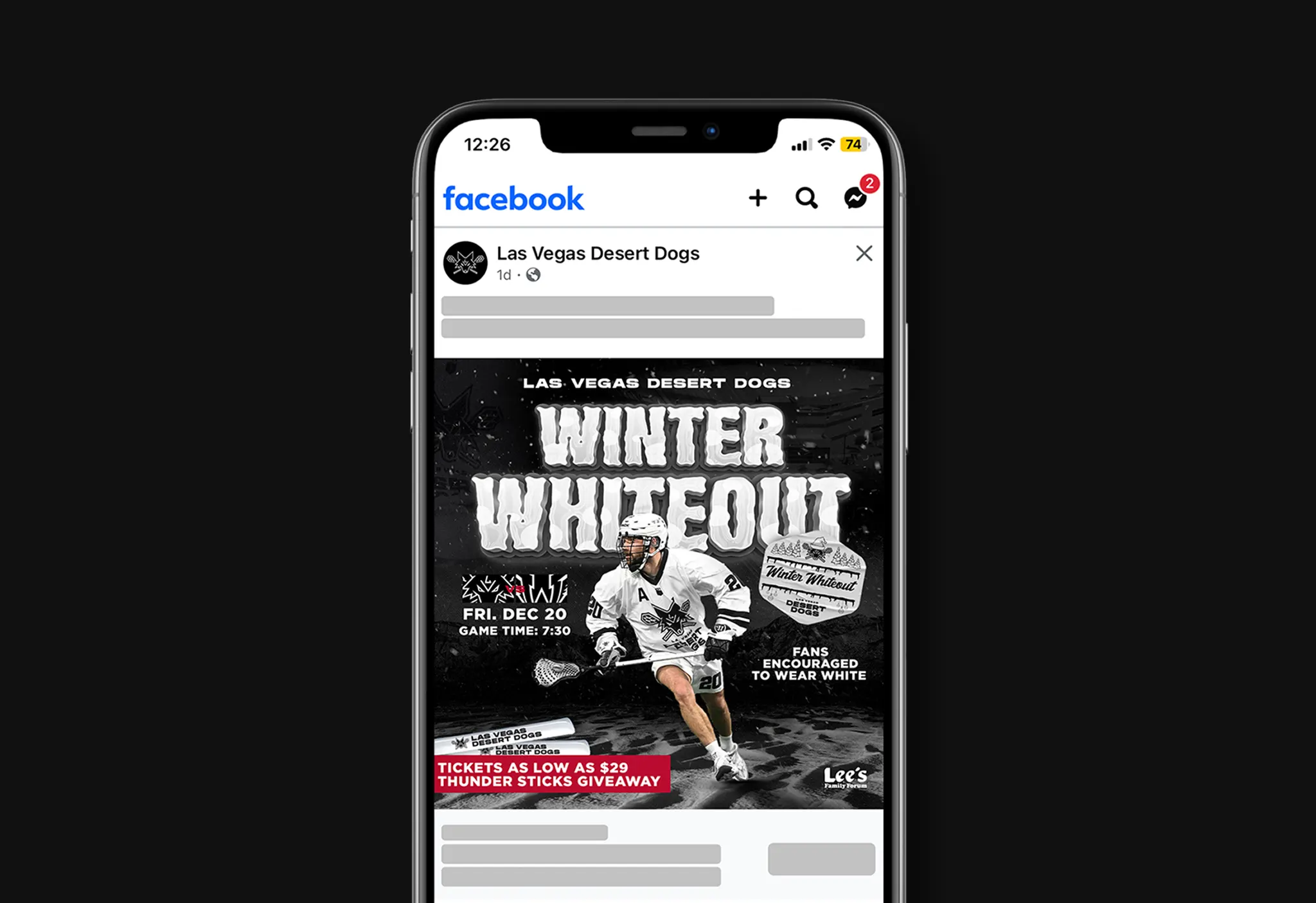 Smartphone showing a Las Vegas Desert Dogs Facebook post promoting the Winter Whiteout game on Fri Dec 20 with tickets as low as $29. 