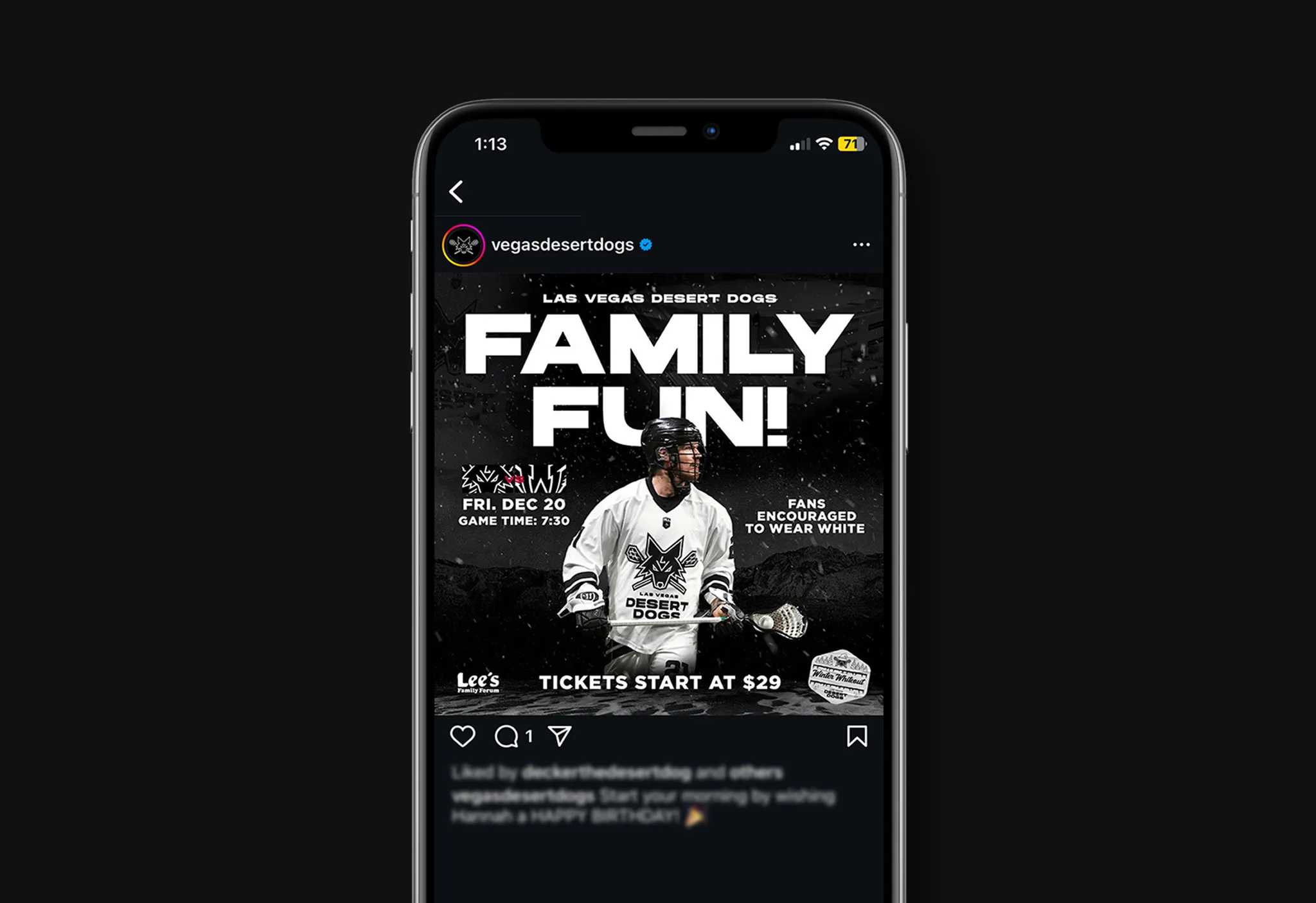 Instagram phone mockup of Las Vegas Desert Dogs "Family Fun!" post: player in white jersey, Fri. Dec 20 game details, tickets from $29.