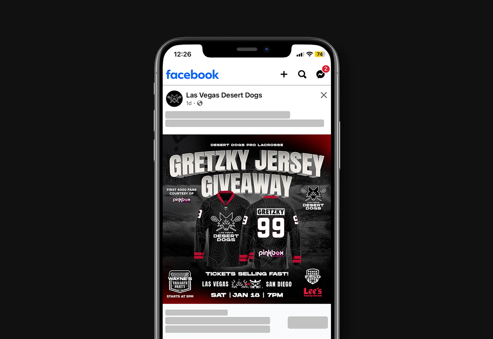 Smartphone showing a Las Vegas Desert Dogs Facebook post promoting a Gretzky #99 jersey giveaway on Sat Jan 18 vs San Diego. 