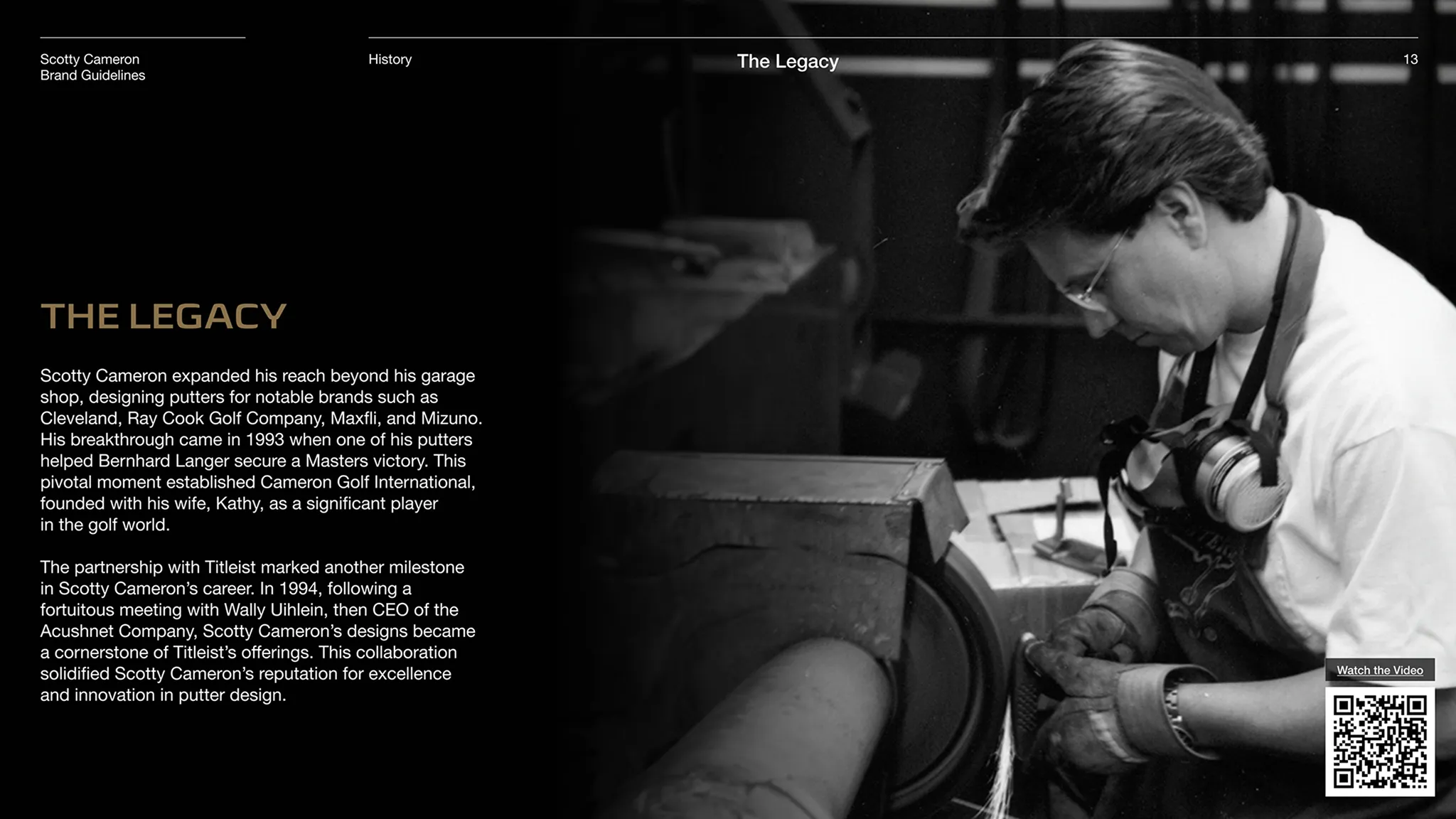 The Legacy spread: black-and-white photo of young Scotty Cameron grinding a putter, with body copy on his Titleist partnership.