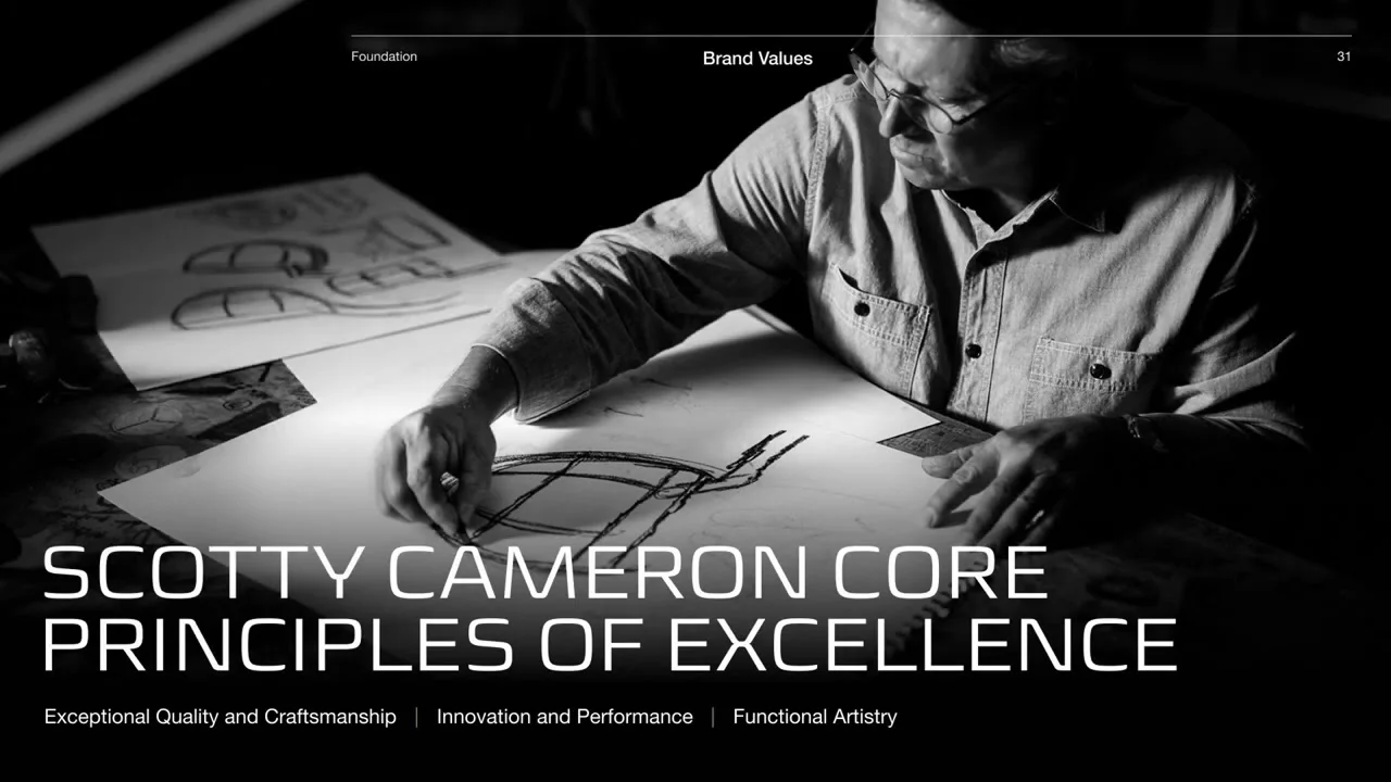 Brand Values cover slide: Scotty Cameron sketching, headlined "Scotty Cameron Core Principles of Excellence."