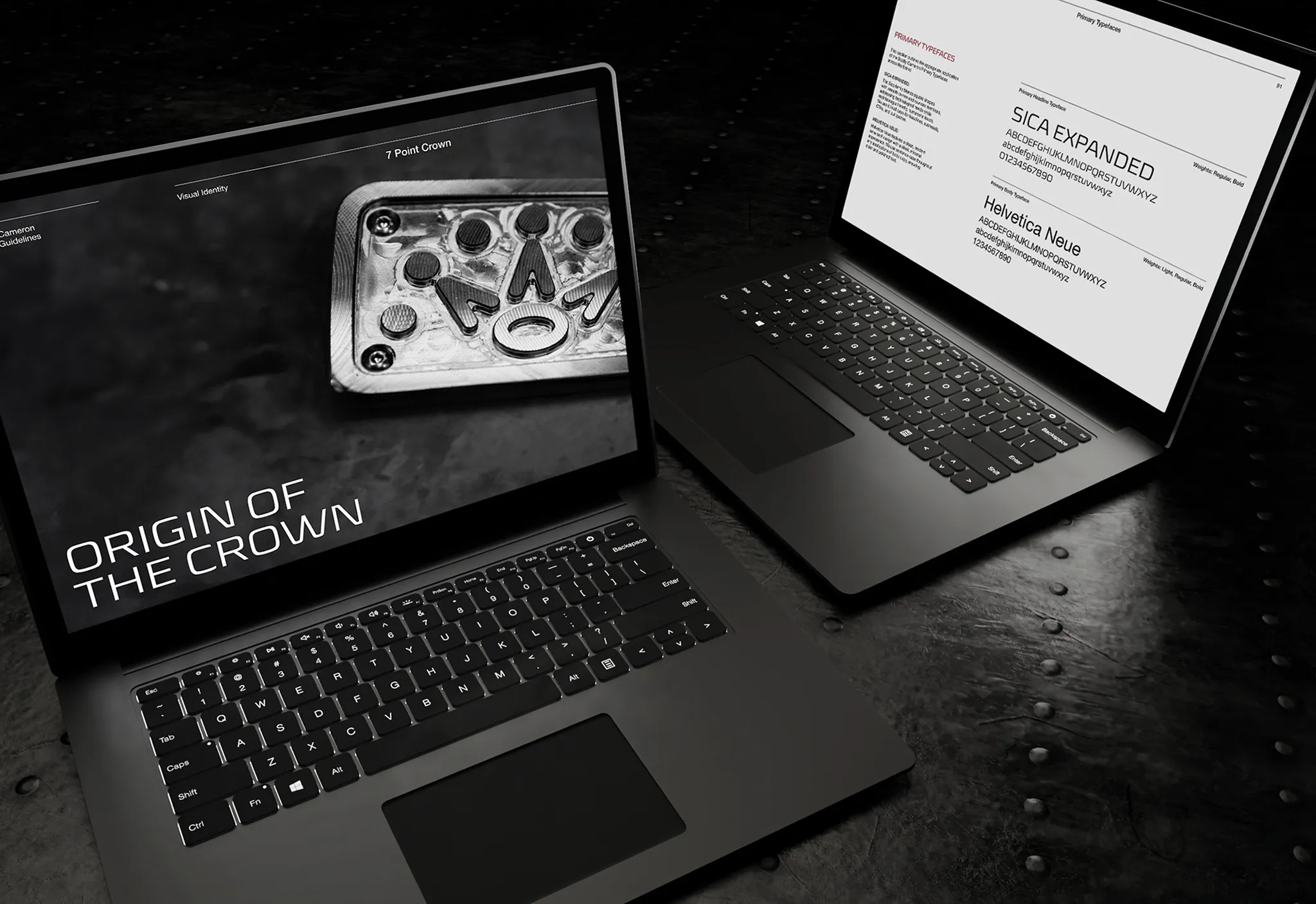 Two laptop mockups on dark steel showing the Origin of the Crown spread and Sica Expanded / Helvetica Neue typography page.