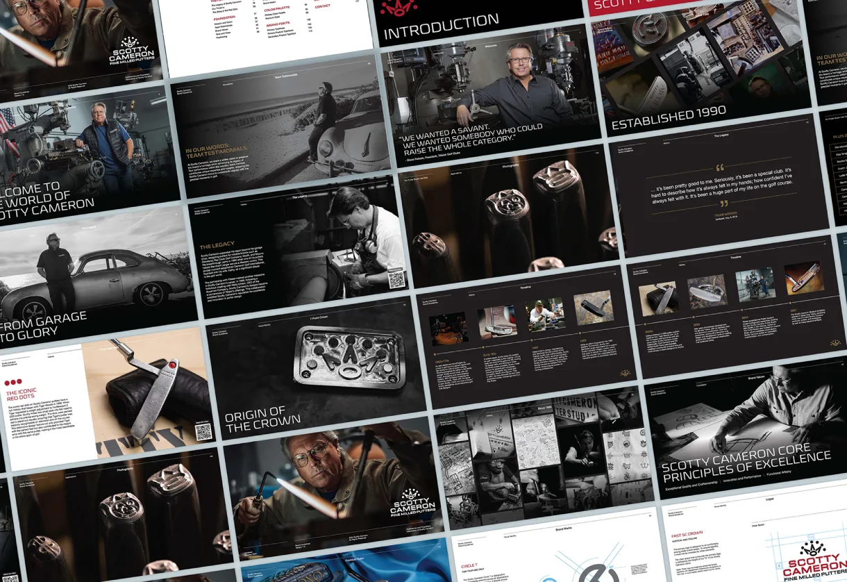 Angled grid of Scotty Cameron brand guideline pages featuring putter photography, typography, color palettes and craftsman portraits.