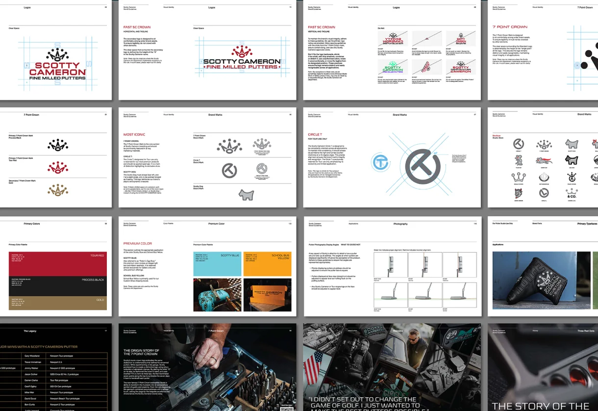 Grid of Scotty Cameron brand guideline spreads covering logos, crown marks, color palette, typography and historical photography.