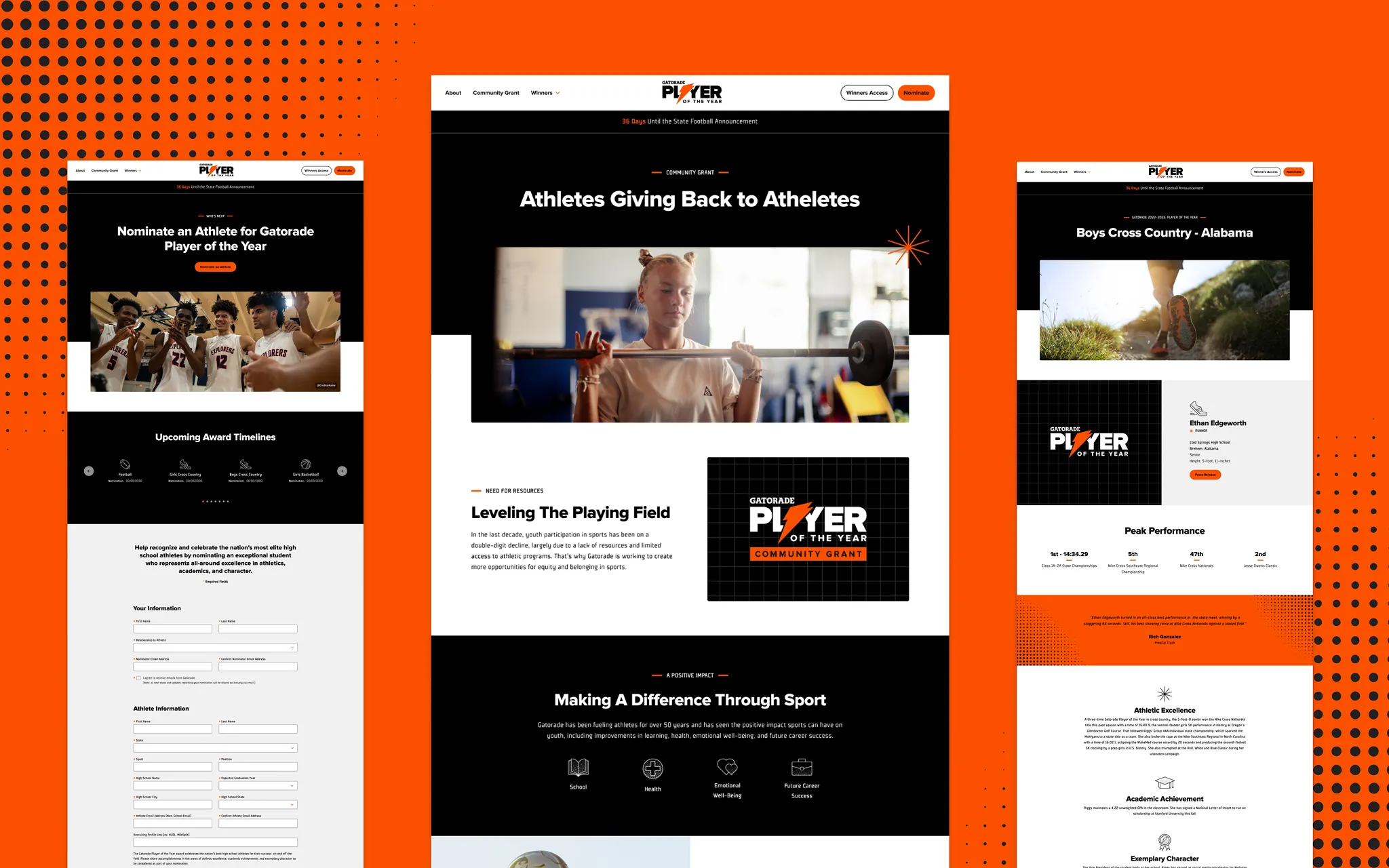 A vibrant website design with three columns showcasing an athletic theme. The central section features an athlete lifting weights with the text 'Athletes Giving Back to Athletes.' The left column prompts nominations for 'Gatorade Player of the Year,' while the right column highlights 'Boys Cross Country - Alabama.' The overall tone is energetic and motivational, with an orange and black color scheme.
