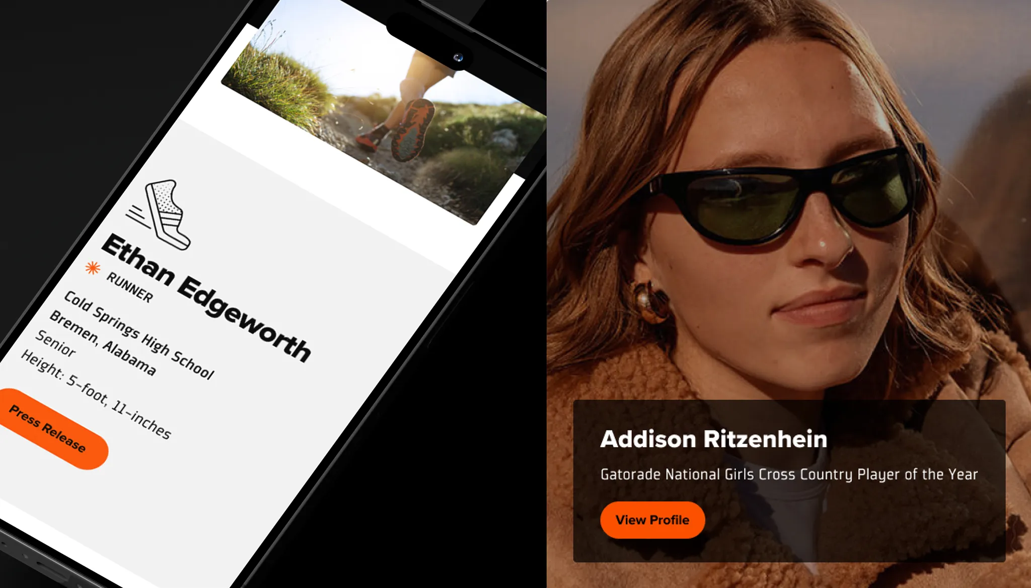 Split screen image: Left shows a smartphone page for Ethan Edgeworth, a high school runner from Alabama. Right features a woman in sunglasses, labeled Addison Ritzenhein, Gatorade National Girls Cross Country Player of the Year.