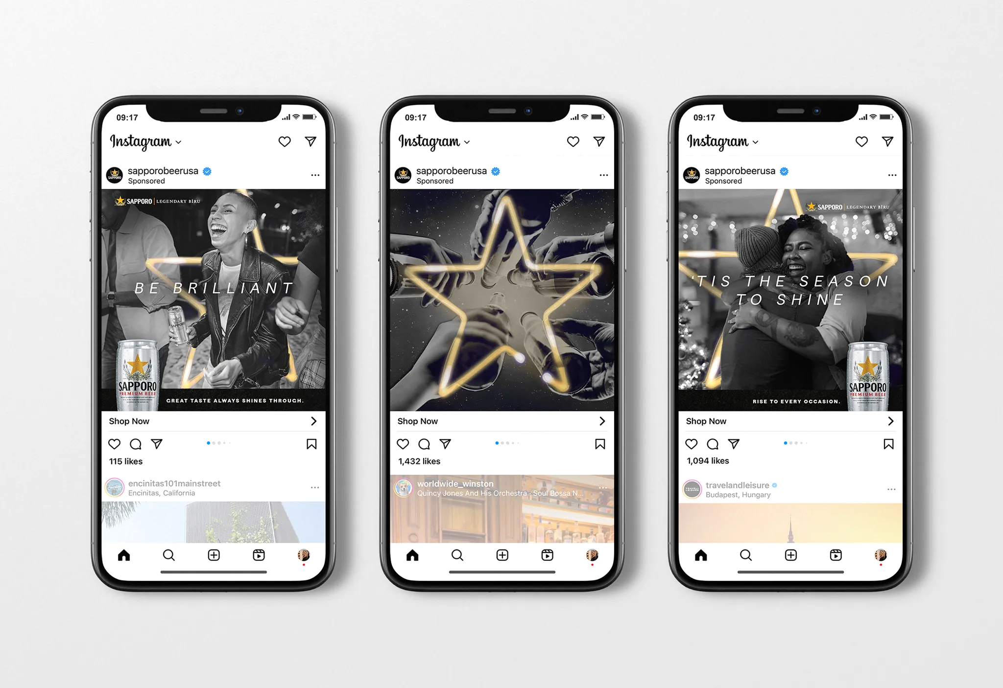 Three smartphones display Instagram ads by Sapporo Beer. Each ad features celebratory images and messages: "Be Brilliant," a star, and "'Tis the Season to Shine."