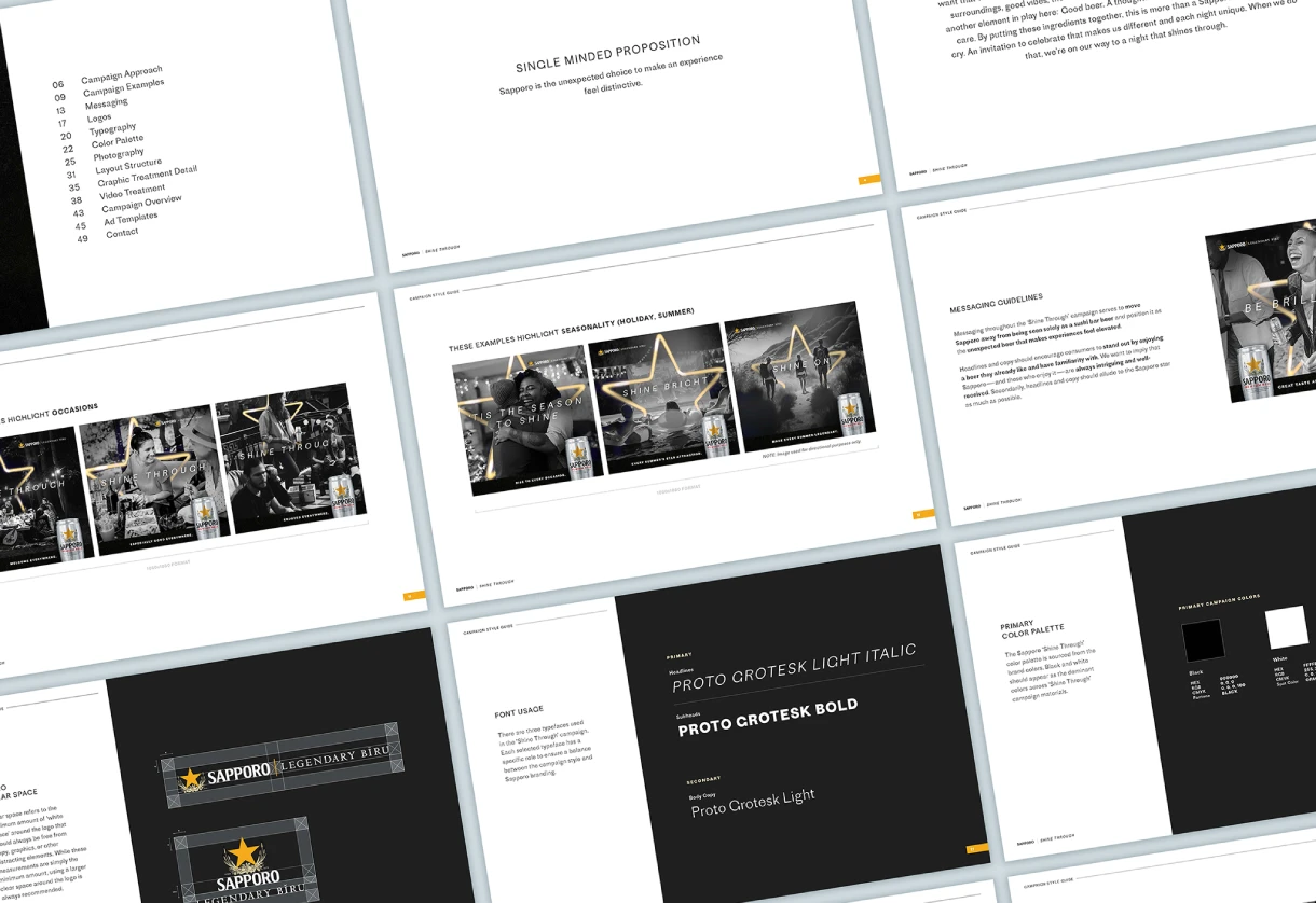 Magazine-style layout showing Sapporo design concepts with typography, color palettes, and branding elements. Includes black, white, and gray tones.