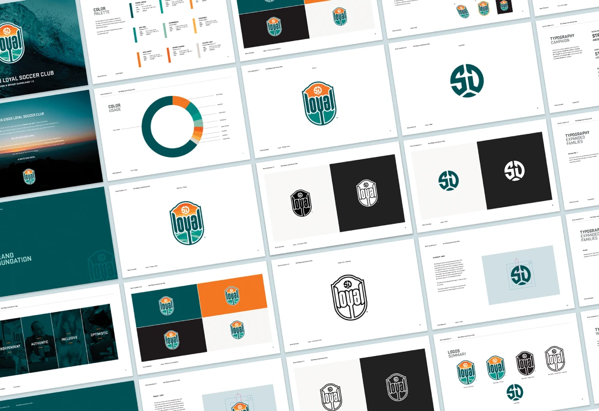 Angled layout of SD Loyal brand guideline pages showing color palette, logo lockups, and typography system.