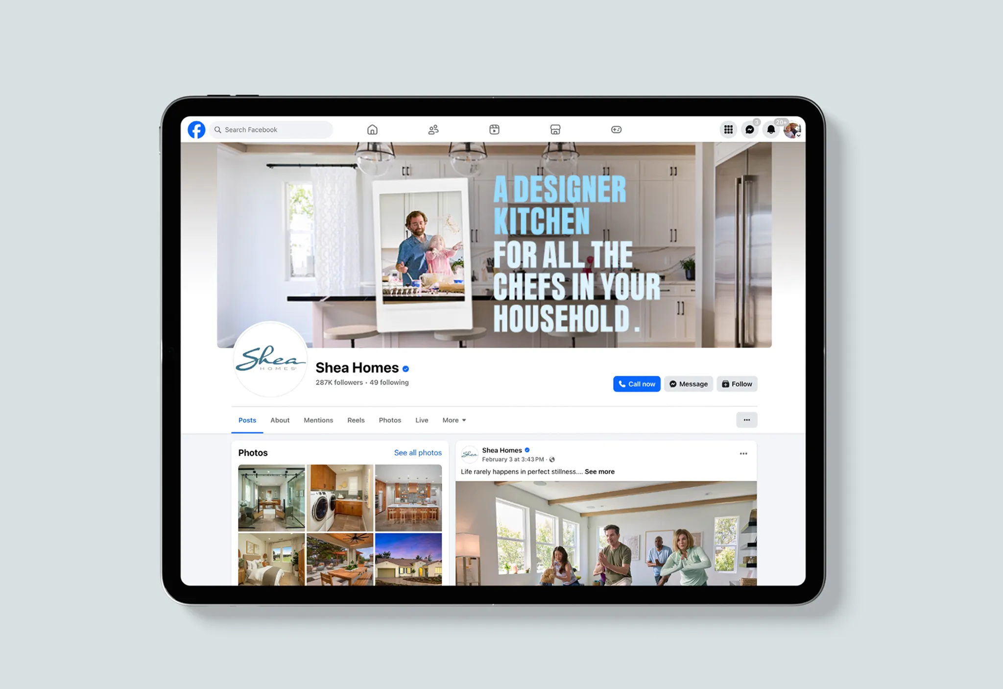 Tablet showing Shea Homes Facebook page featuring a family-forward social gallery.