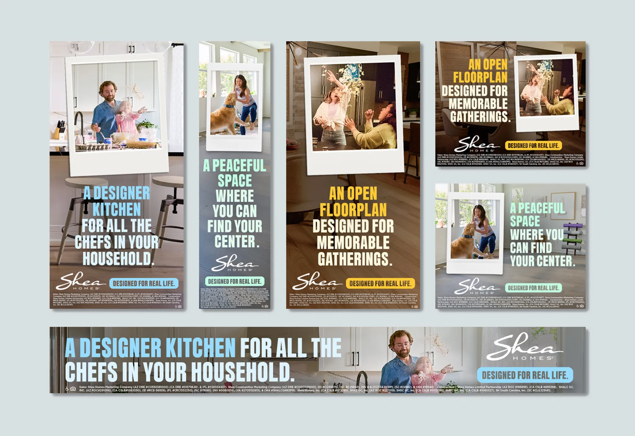 Shea Homes display ads showcase designer kitchens, open floorplans, and peaceful spaces, emphasizing "Designed for Real Life."