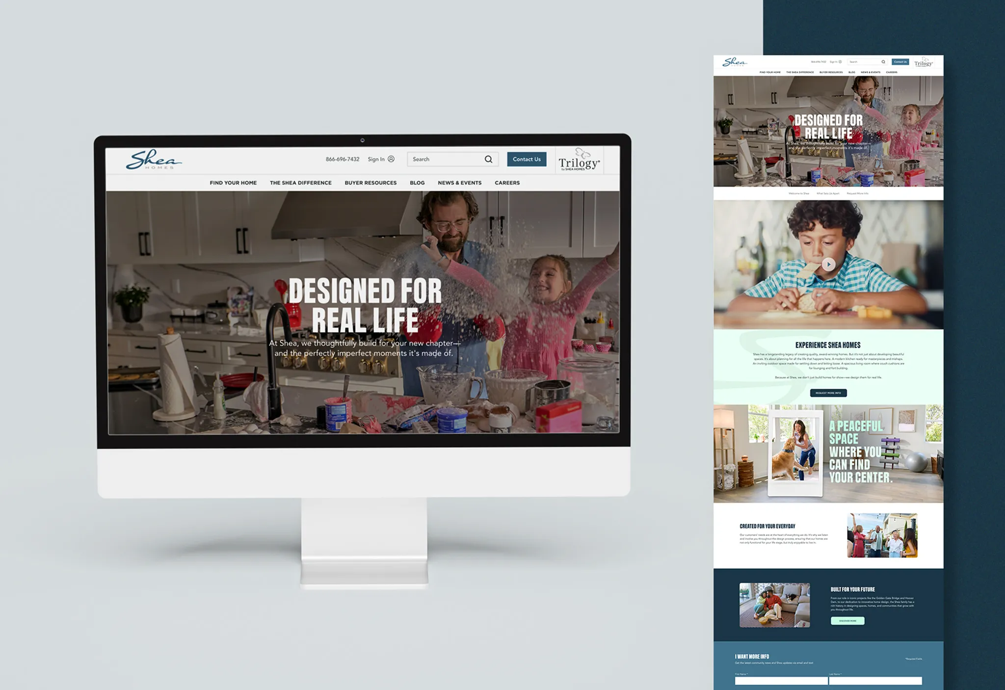 Computer screen displays Shea Homes website with a family baking in the kitchen, emphasizing "Designed for Real Life."