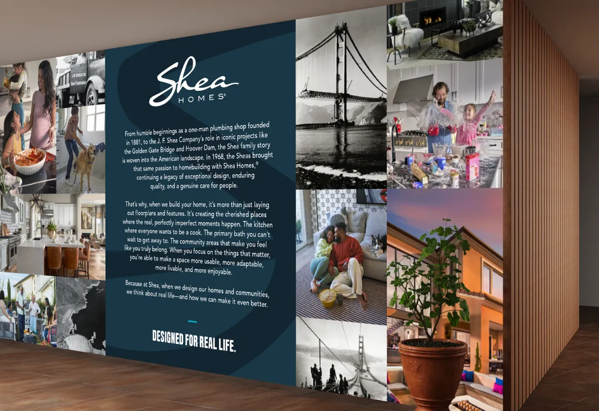 Shea Homes display with family, kitchen, and bridge images. Text highlights homebuilding legacy and design for real life.