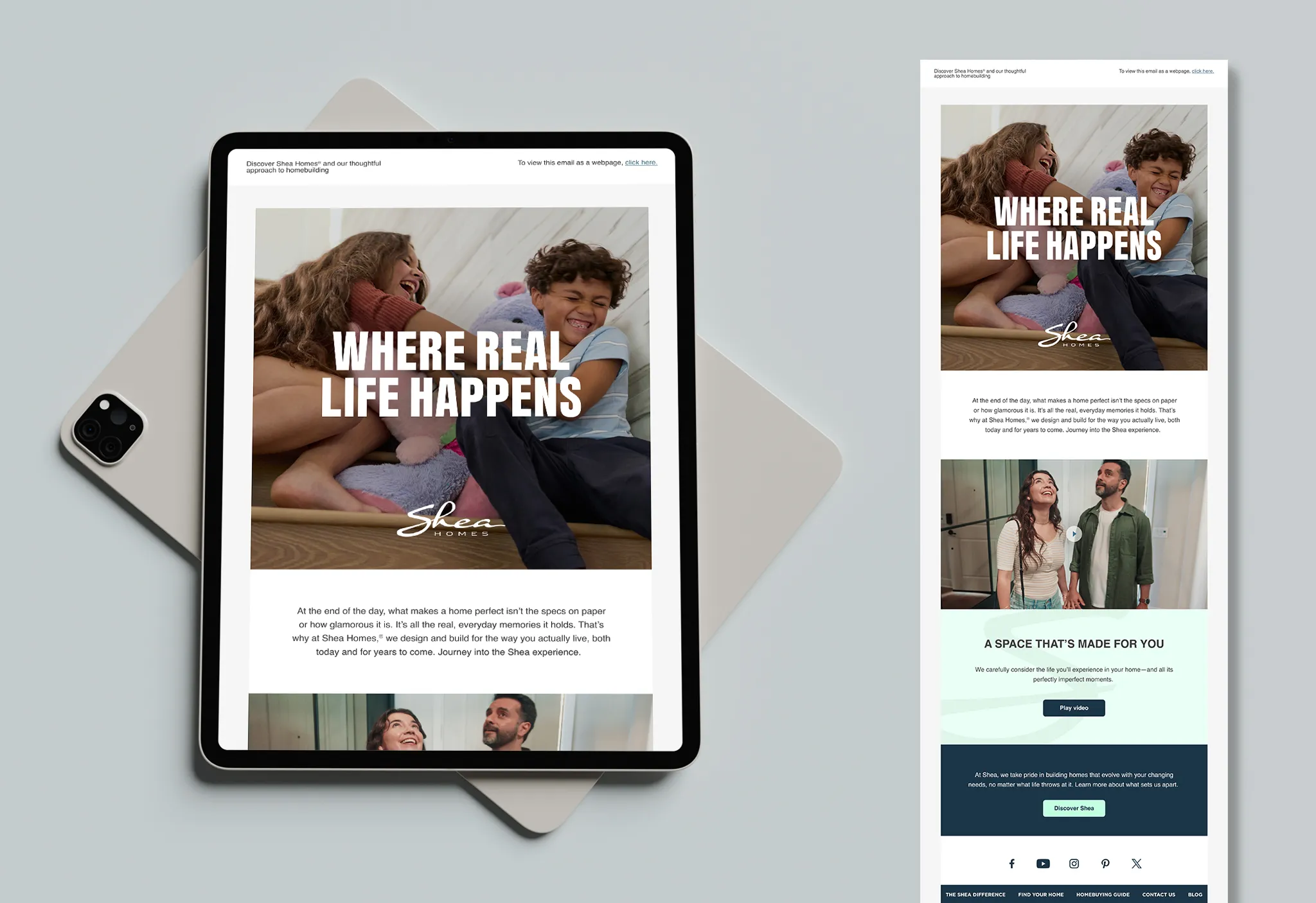 Tablet displaying Shea Homes ad with kids laughing, text "Where Real Life Happens," promoting homebuilding experience