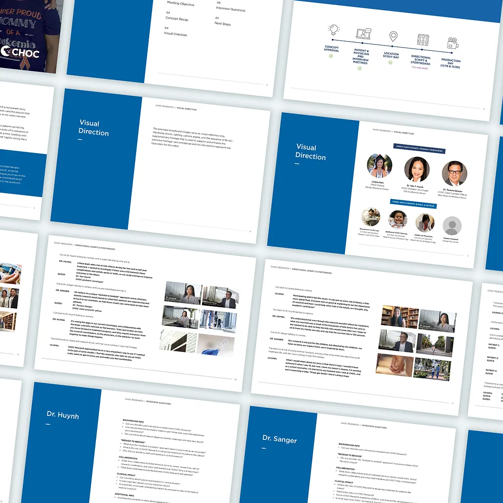Layout of CHOC Research planning deck pages showing visual direction, interview questions, and storyboard frames.