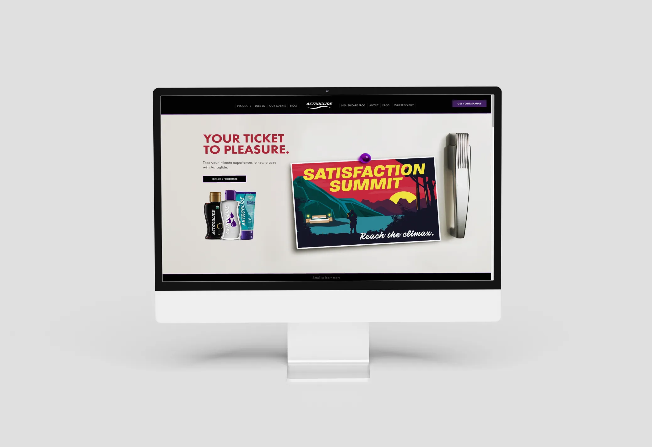 Astroglide website homepage showing "Your Ticket to Pleasure" hero section and Satisfaction Summit campaign postcard