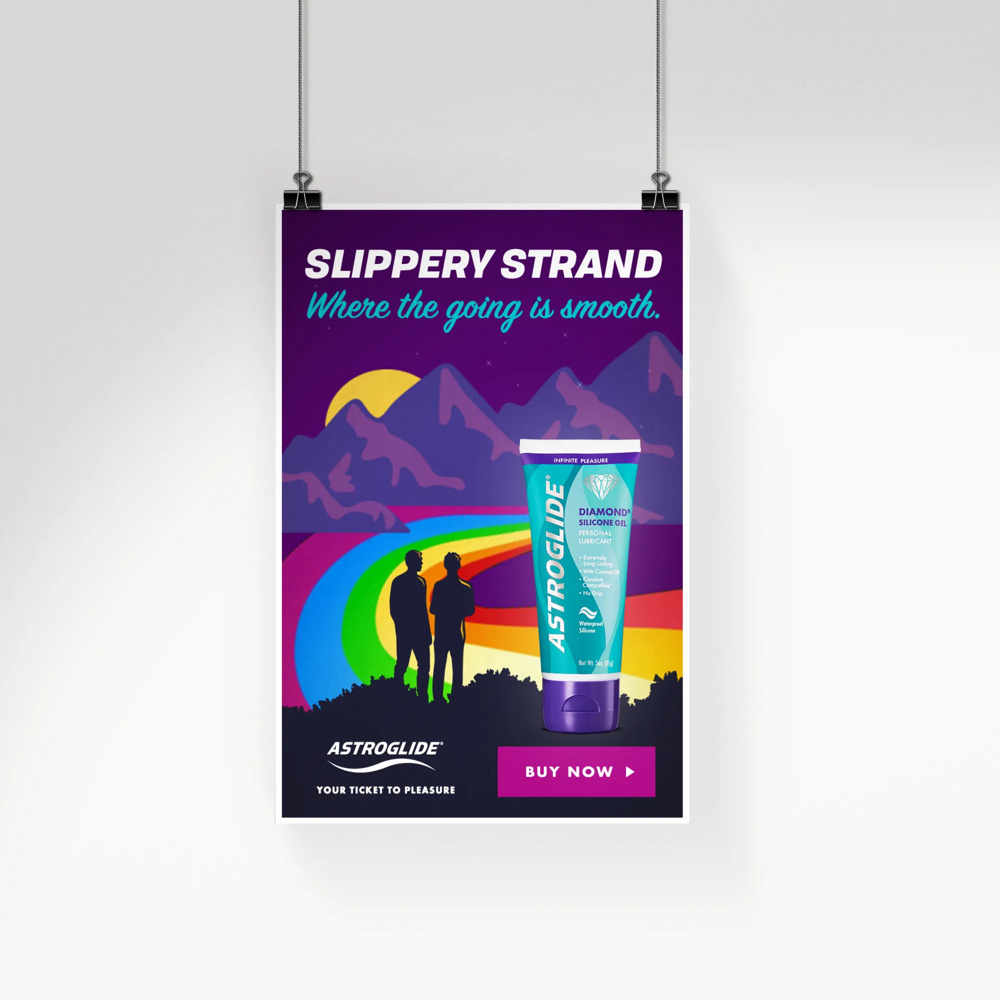 Astroglide Slippery Strand poster with Diamond Silicone Gel lubricant, two men overlooking a rainbow-lit mountain landscape