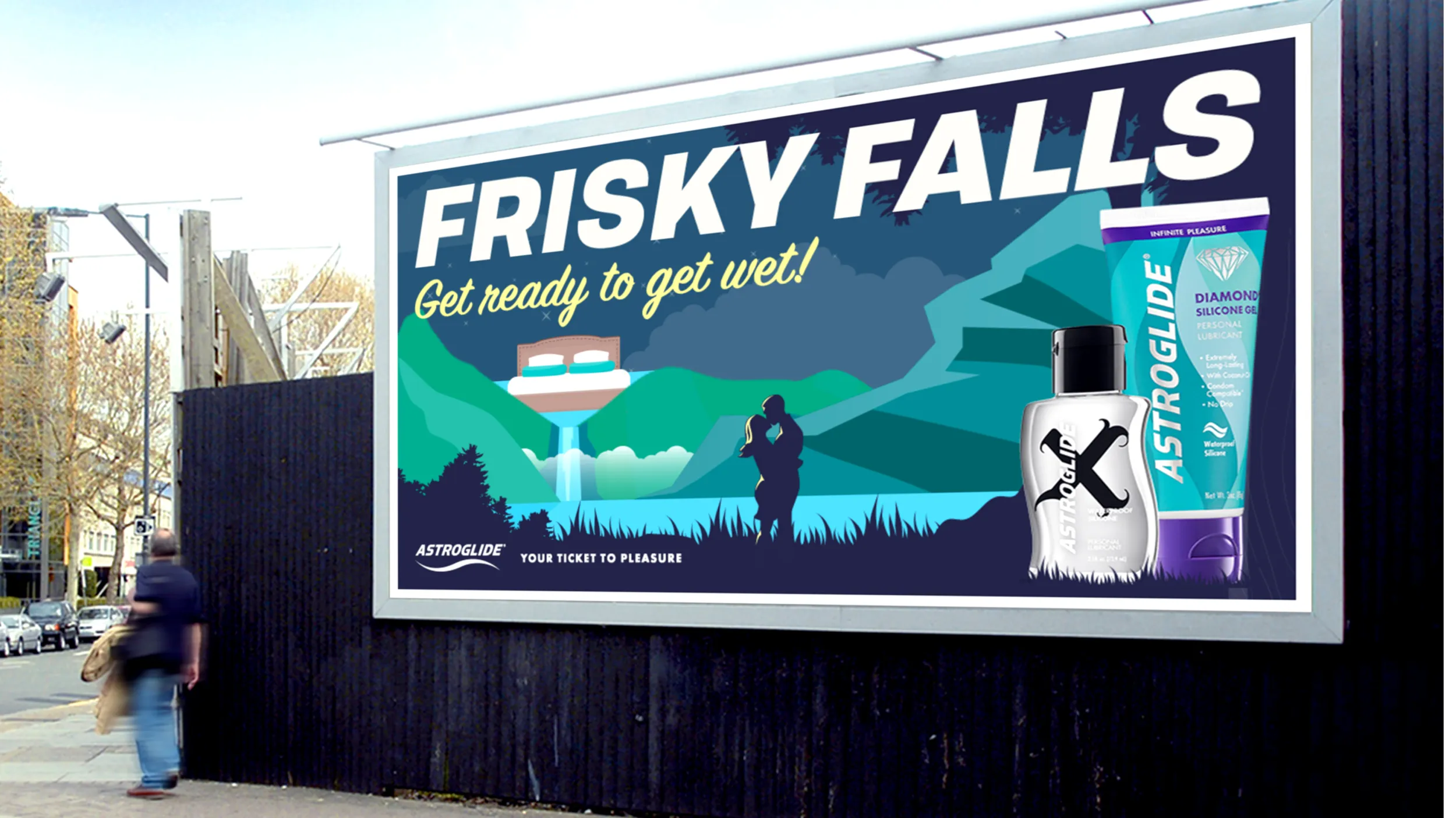 Astroglide Frisky Falls billboard ad featuring Astroglide X and Diamond Silicone Gel lubricant with a couple by a waterfall