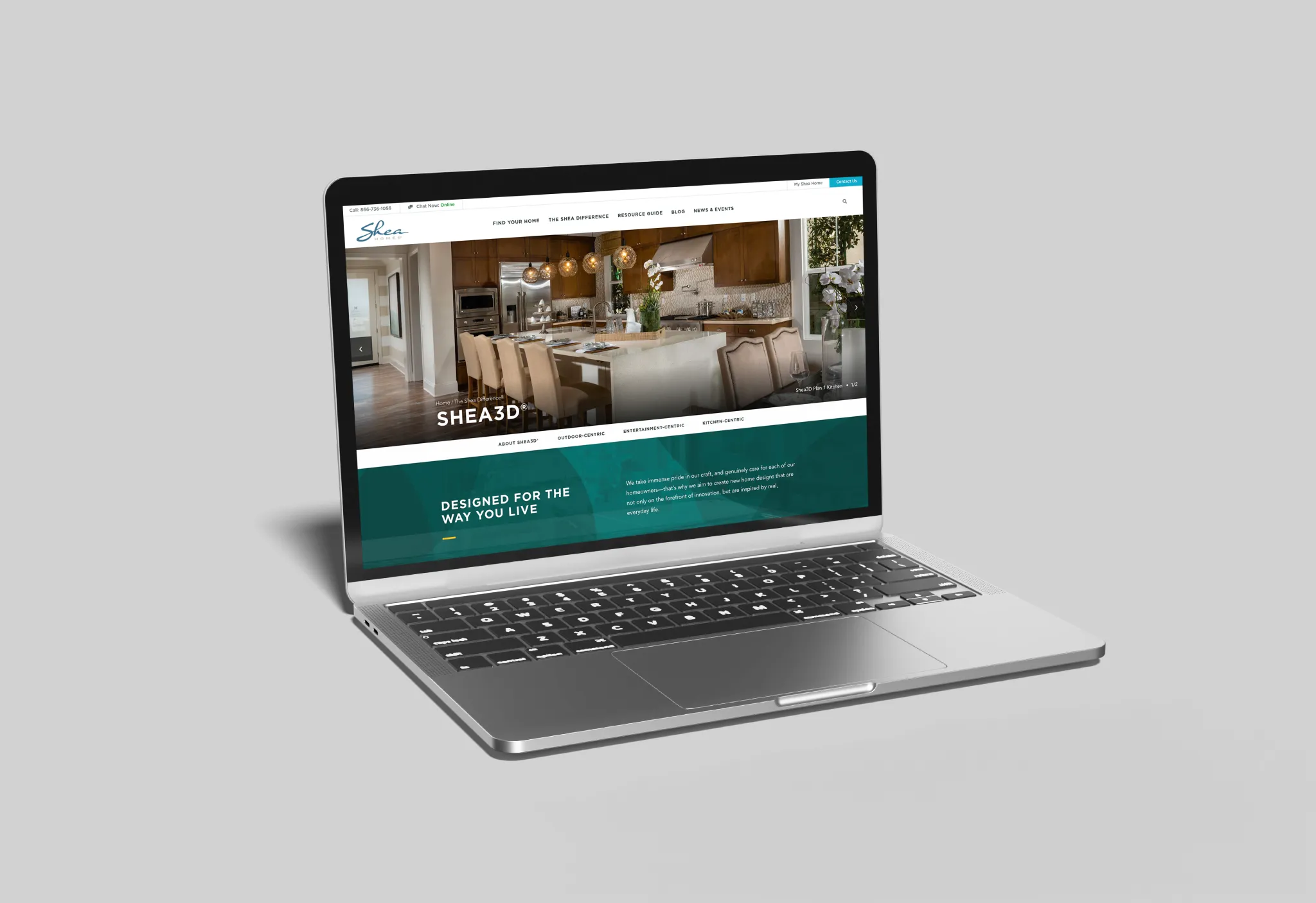 Laptop showing Shea Homes Shea3D webpage with kitchen photo and "Designed for the Way You Live" section