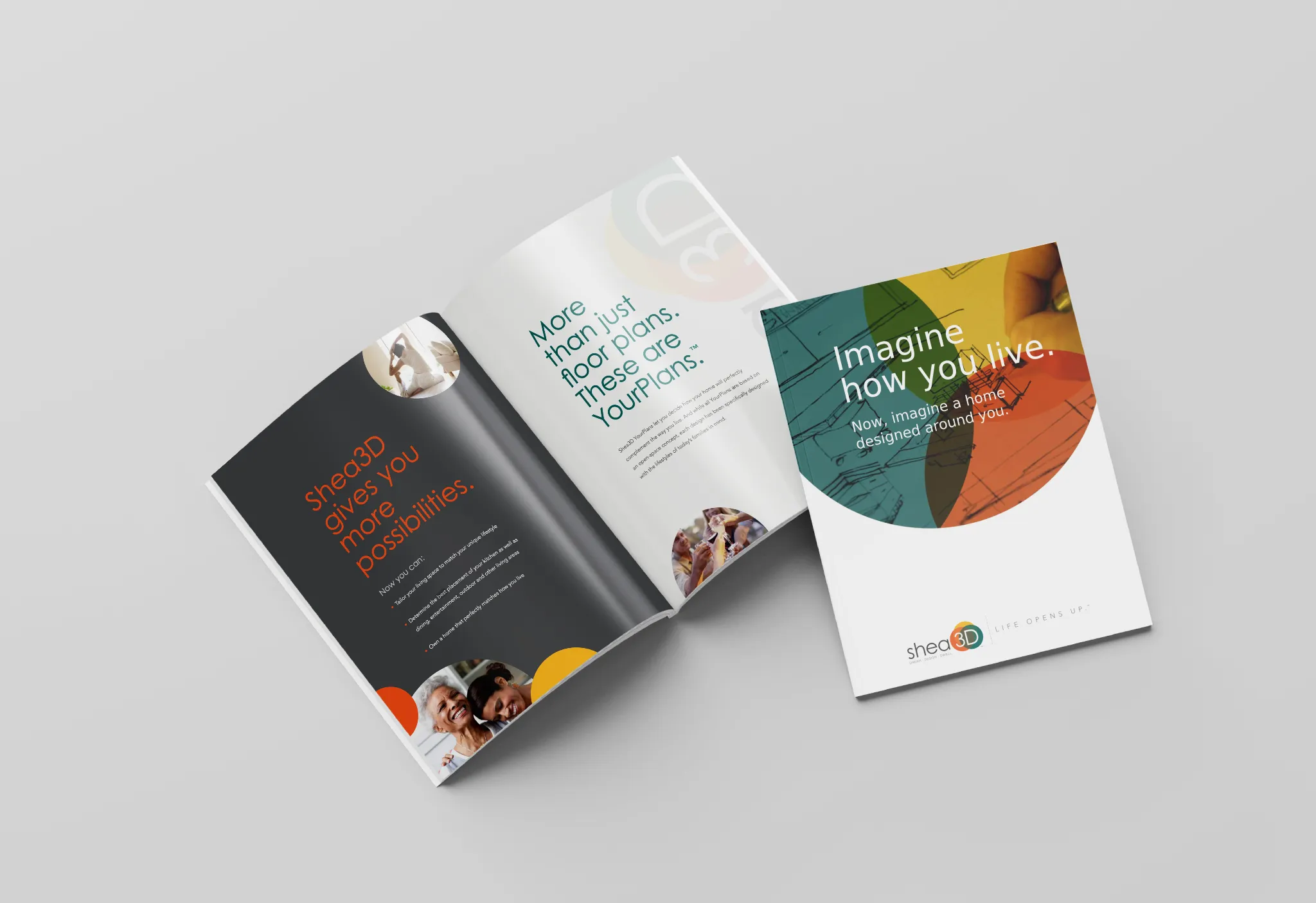 Shea3D brochure spread reading "Imagine how you live" with YourPlans custom home design messaging and family lifestyle photos
