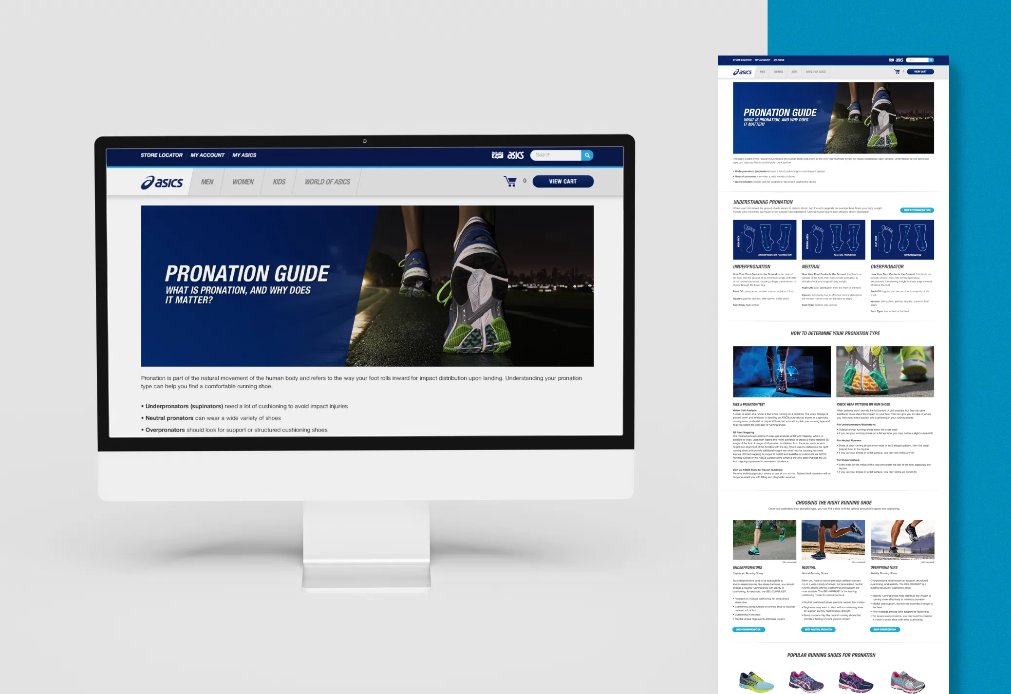 Desktop and mobile views of ASICS Pronation Guide webpage explaining underpronation, neutral, and overpronation shoe types