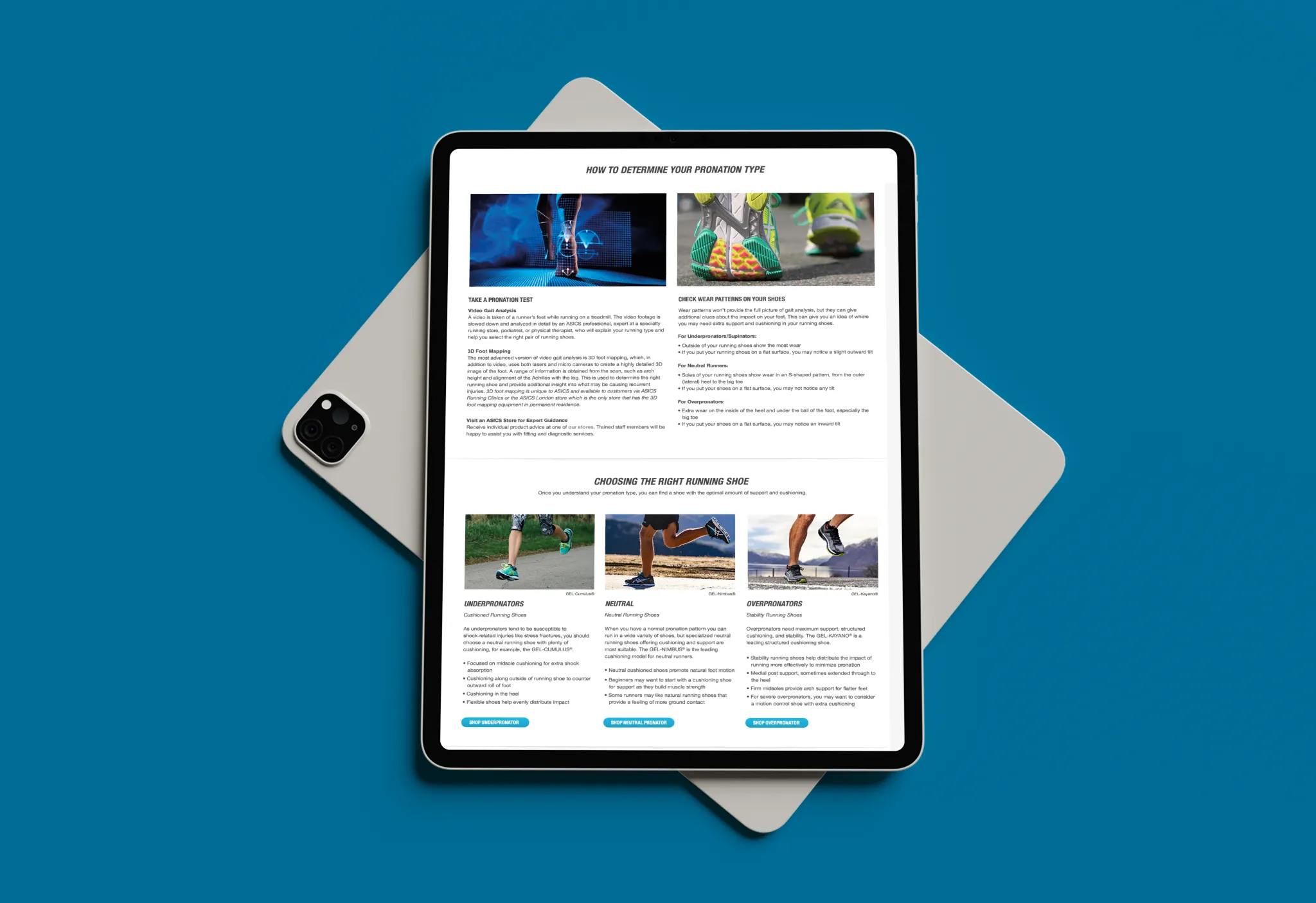 Tablet displaying ASICS Pronation Guide page covering gait analysis, wear patterns, and shoe recommendations by pronation type
