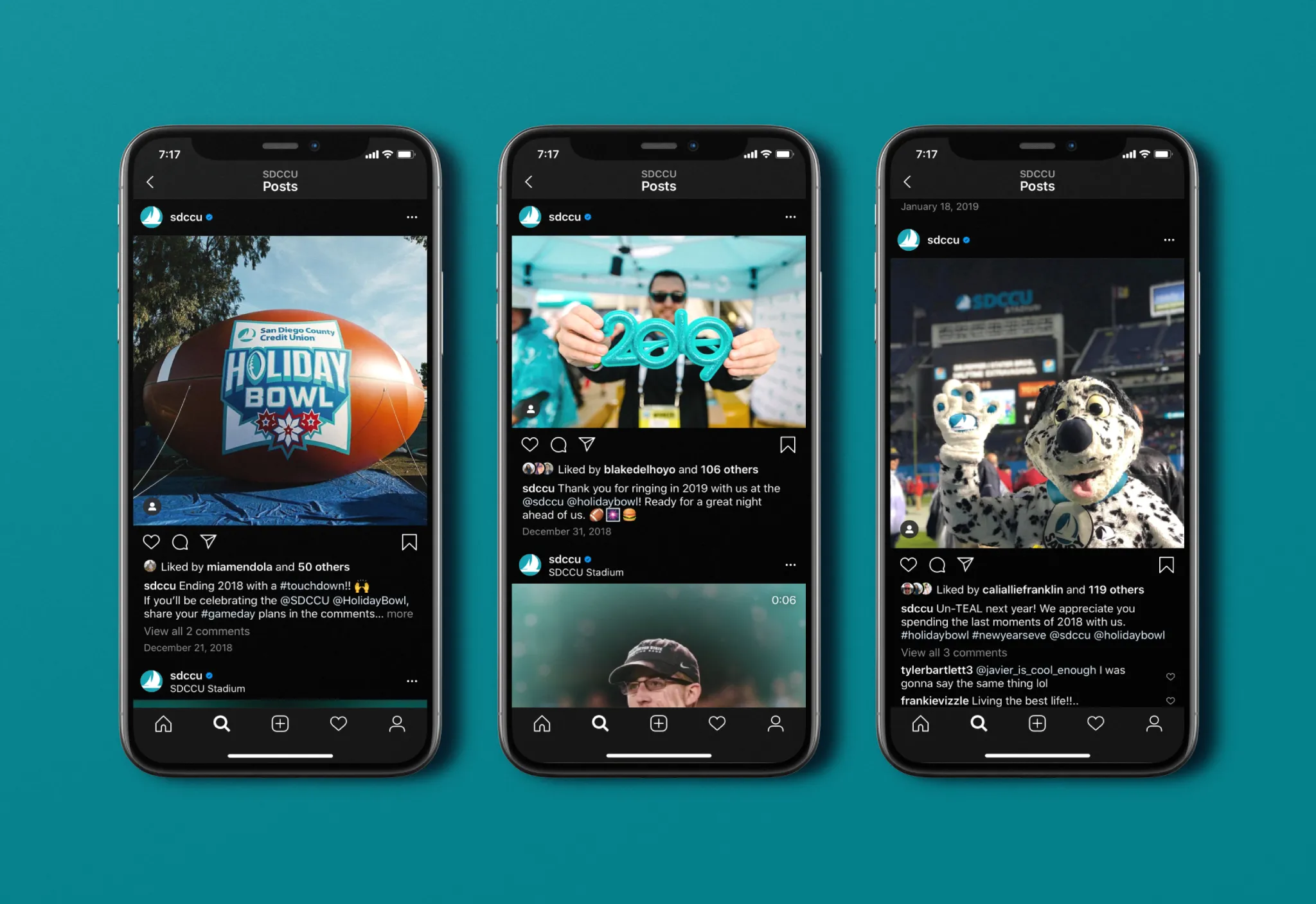 hree phone screens showing SDCCU Instagram posts featuring the Holiday Bowl football, 2019 balloon numbers, and team mascots