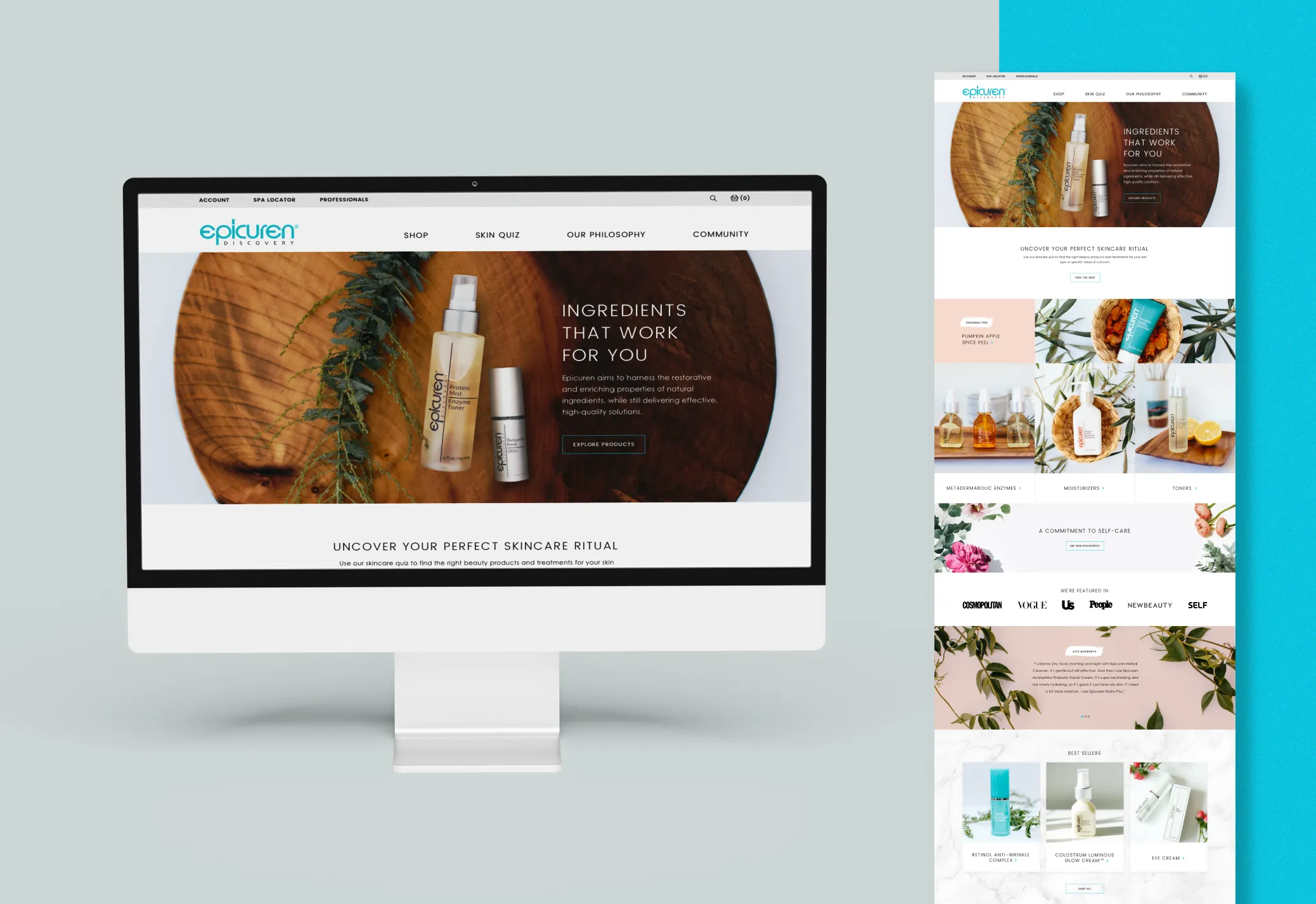 Desktop and mobile views of Epicuren Discovery homepage featuring skincare products and "Ingredients That Work For You" banner