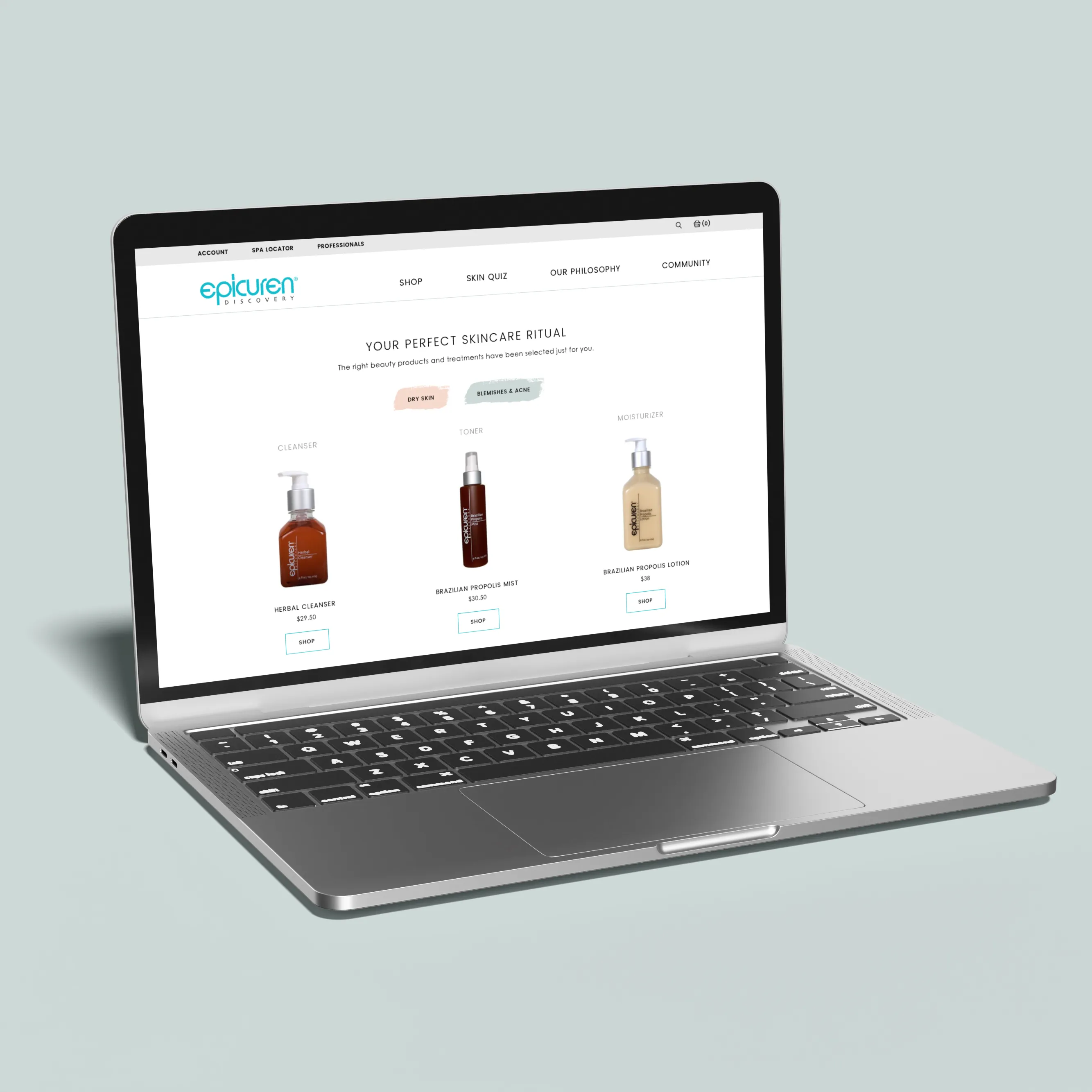 Laptop displaying Epicuren skincare quiz results page with personalized cleanser, toner, and moisturizer recommendations