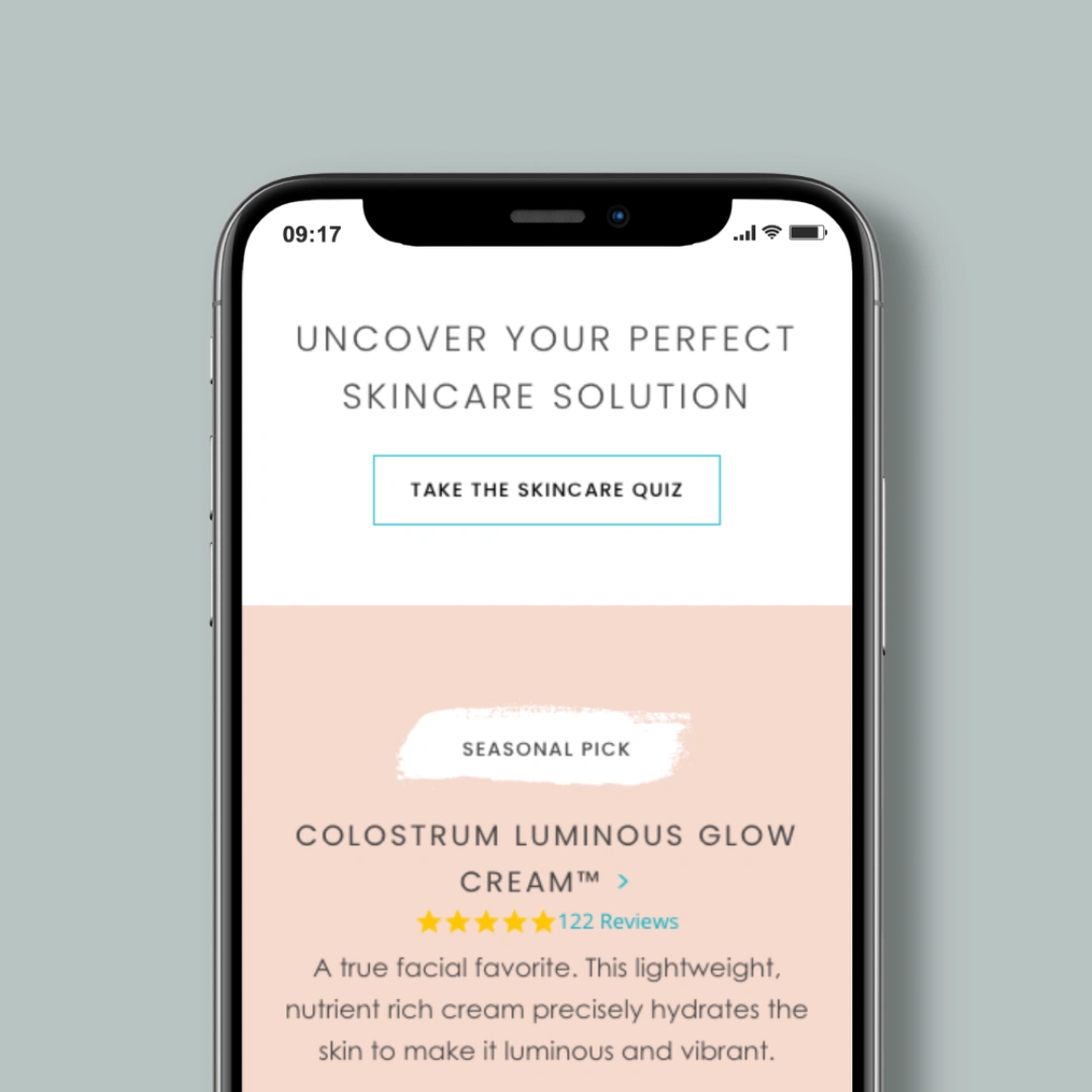 Phone screen showing Epicuren skincare quiz prompt and featured Colostrum Luminous Glow Cream product