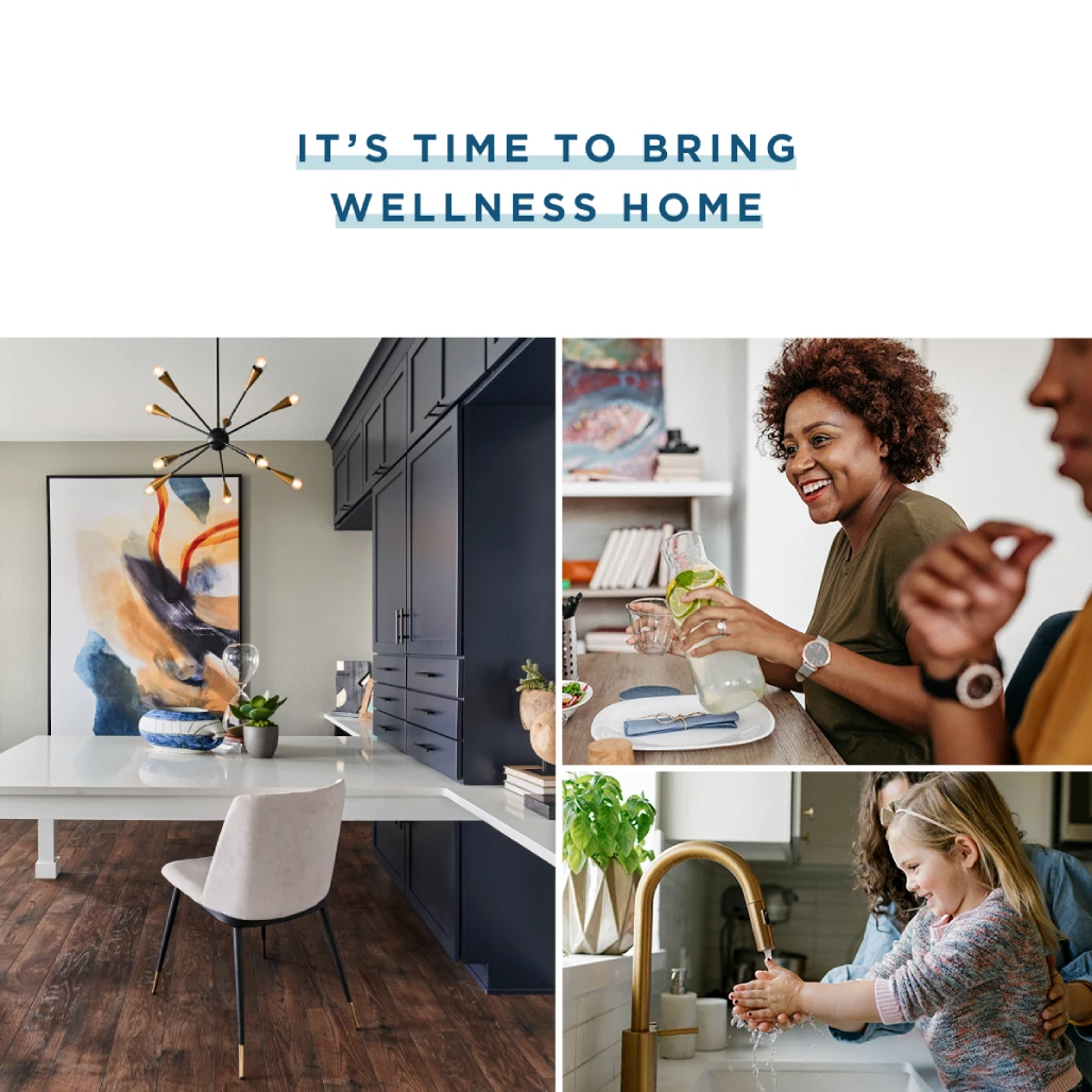 Pure Living by Shea Homes wellness collage with modern dining room, women enjoying lemon water, and child washing hands