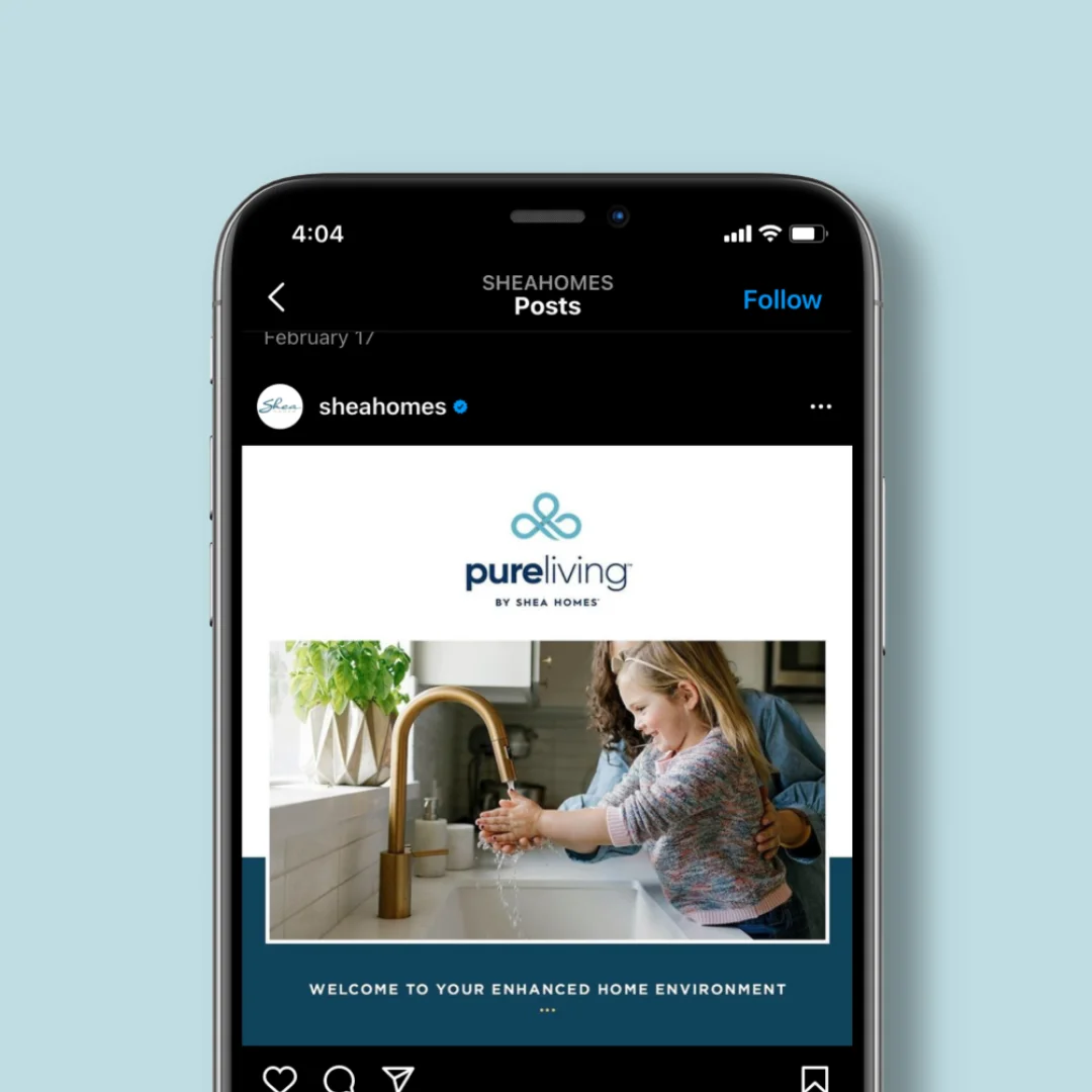Phone screen showing Shea Homes Instagram post introducing Pure Living wellness home features