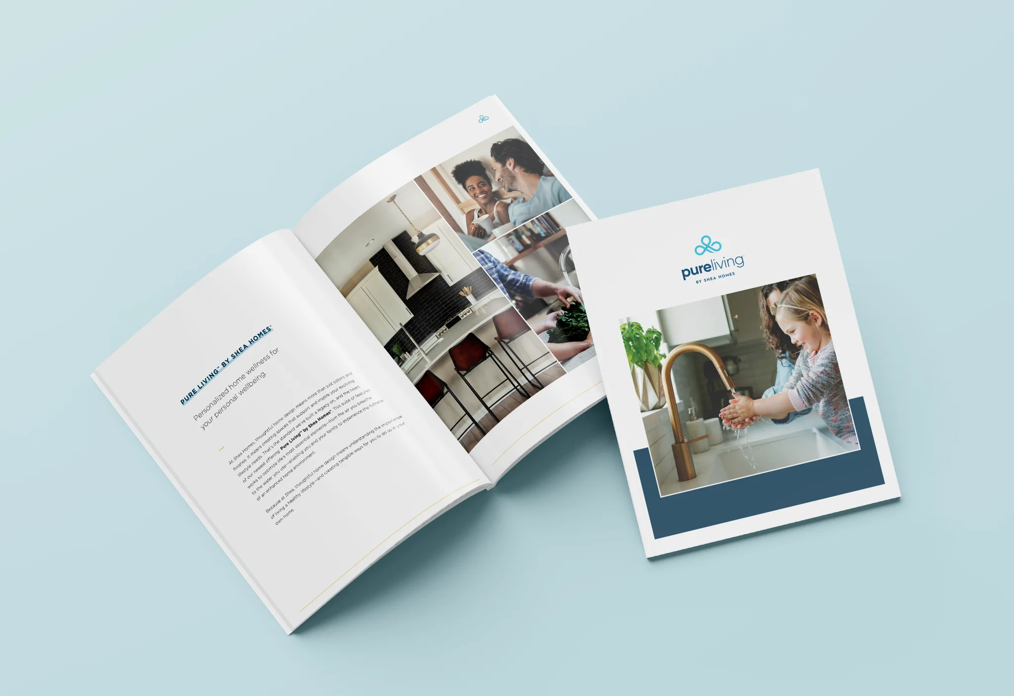 Pure Living by Shea Homes brochure spread with kitchen photos and personalized home wellness messaging
