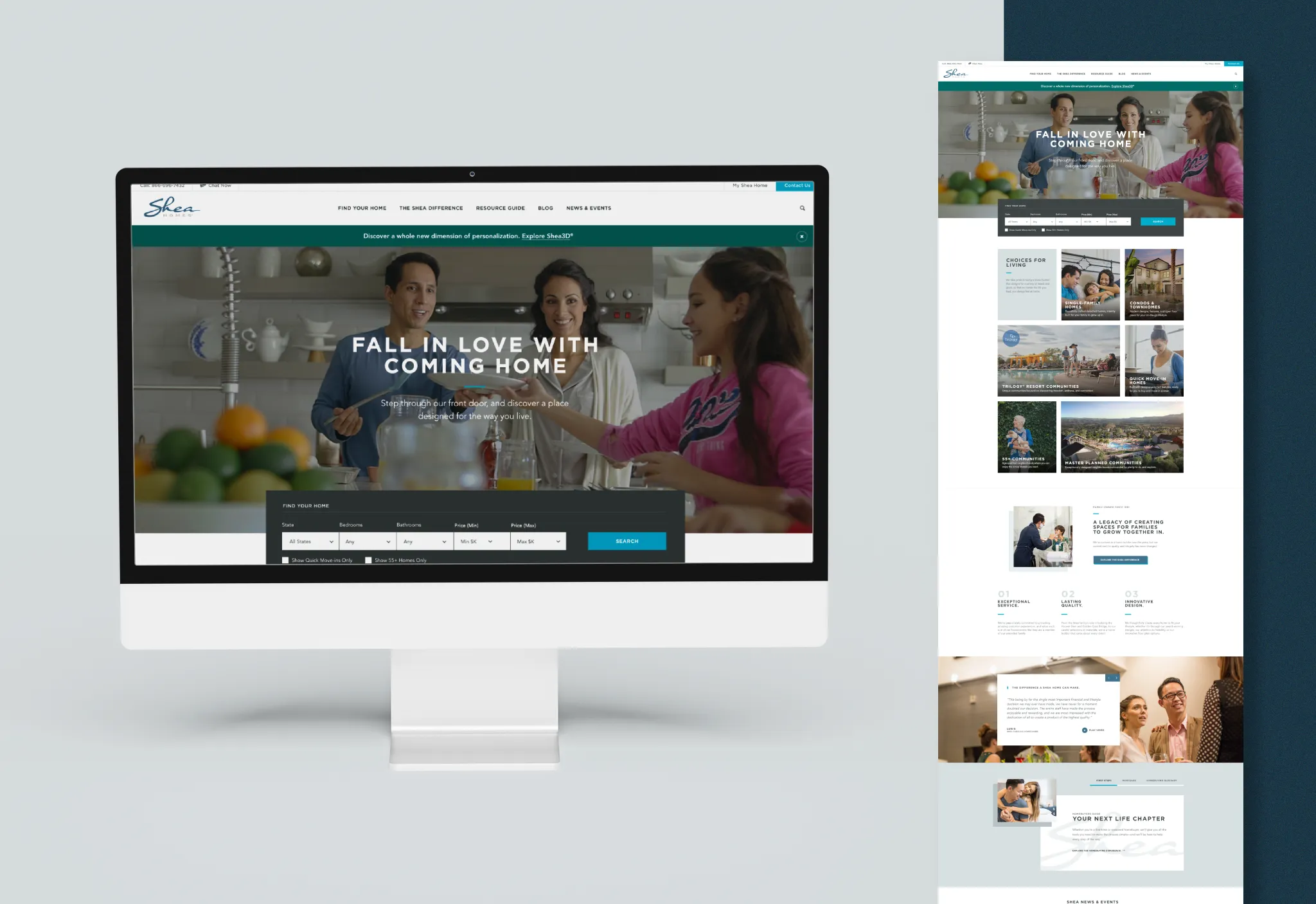 Desktop and mobile views of Shea Homes redesigned homepage with "Fall in Love with Coming Home" hero banner