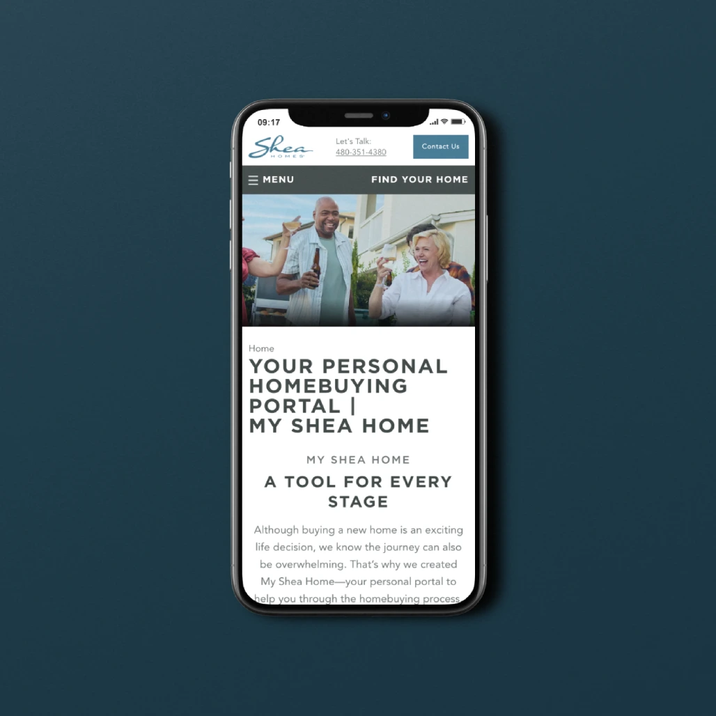 Phone screen showing Shea Homes My Shea Home personal homebuying portal landing page