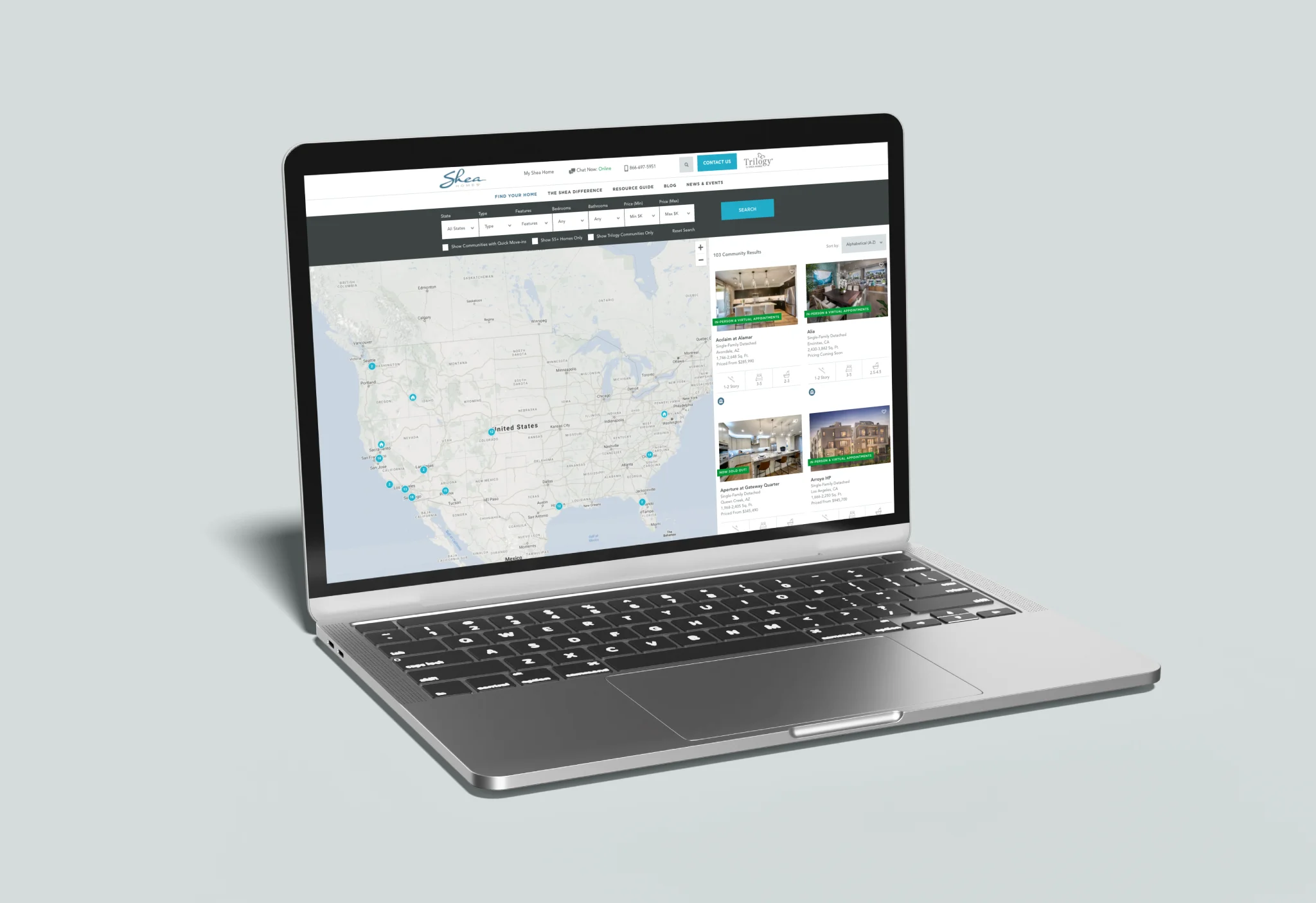 Laptop displaying Shea Homes Find Your Home search page with interactive map and community listings