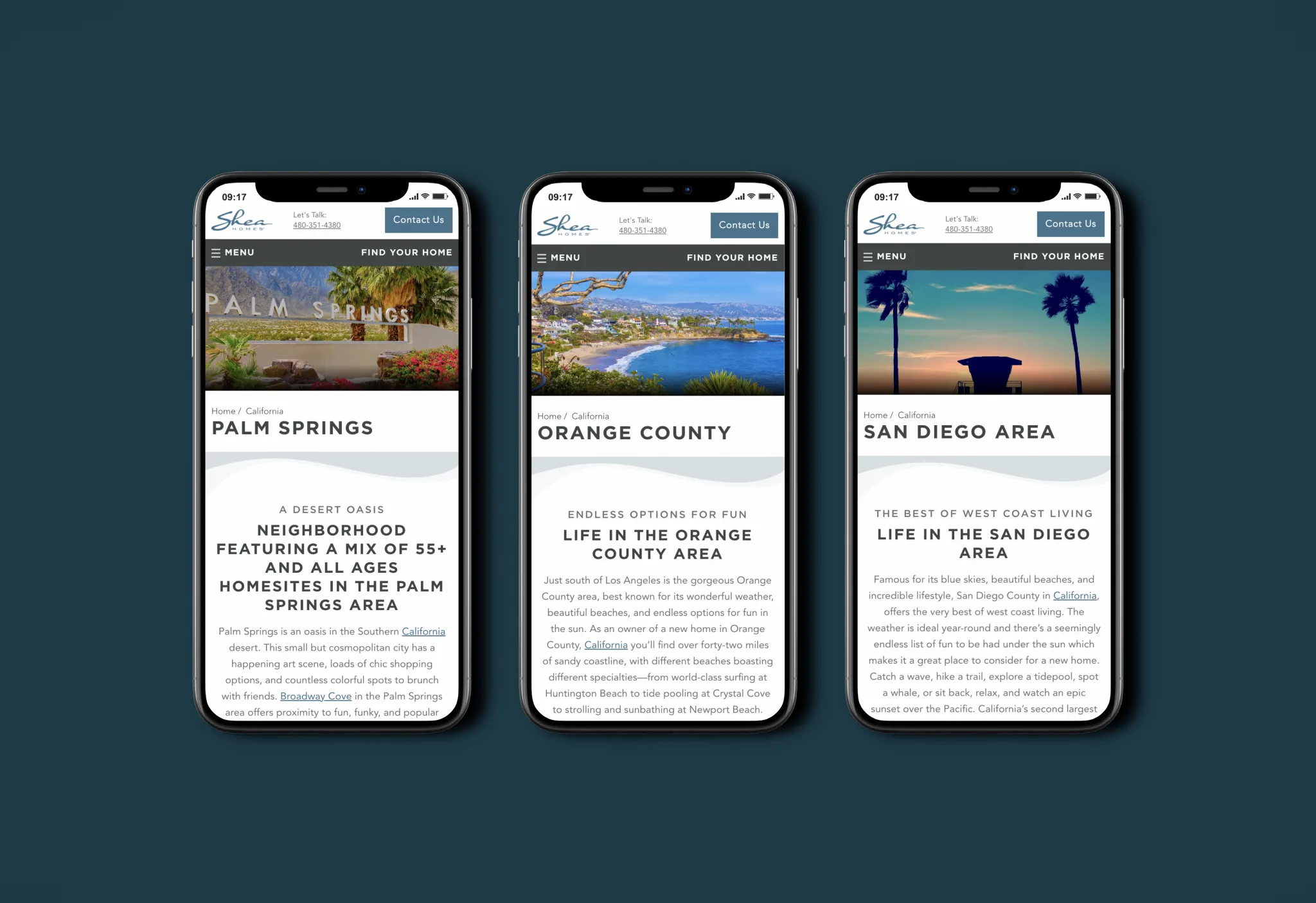 Three phone screens showing Shea Homes location pages for Palm Springs, Orange County, and San Diego Area