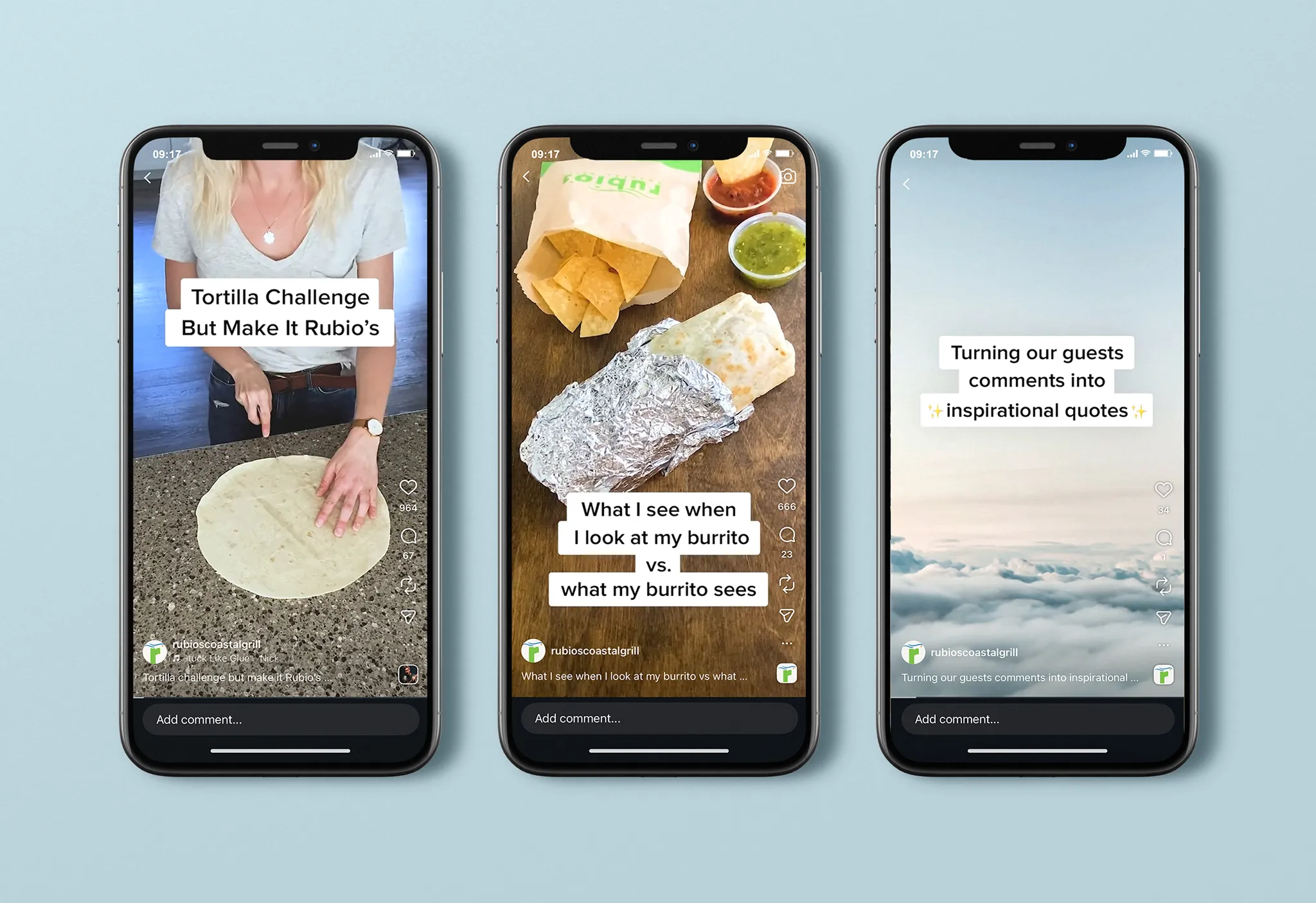 Three phone mockups showing Rubio's TikTok content: tortilla challenge, burrito comparison, and inspirational guest quotes.