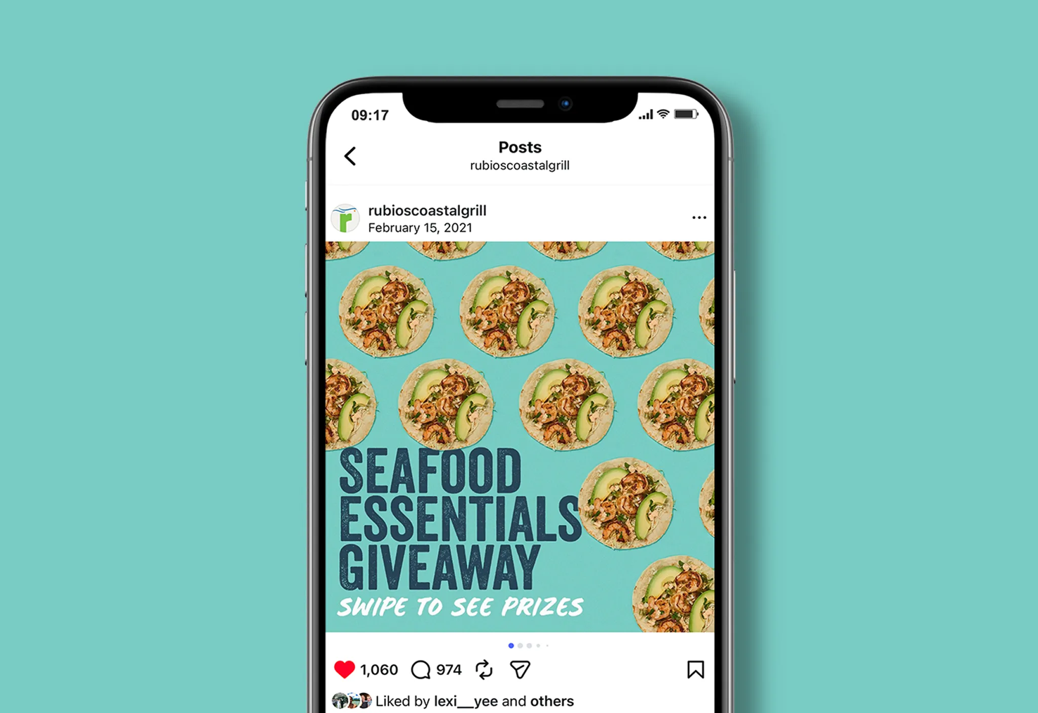 Phone displaying Rubio's Instagram "Seafood Essentials Giveaway" post with tiled shrimp tostadas on teal.