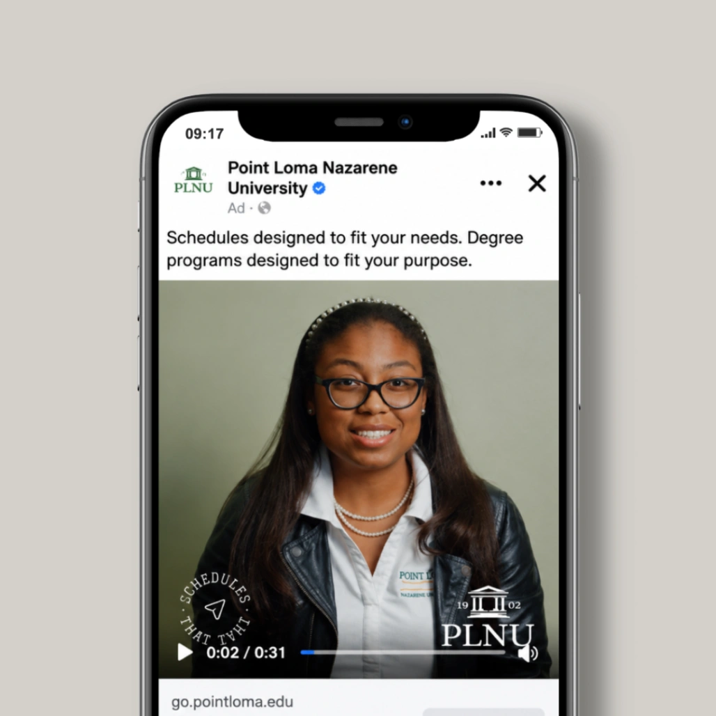 Phone screen showing PLNU Facebook video ad featuring a student and message about flexible degree schedules
