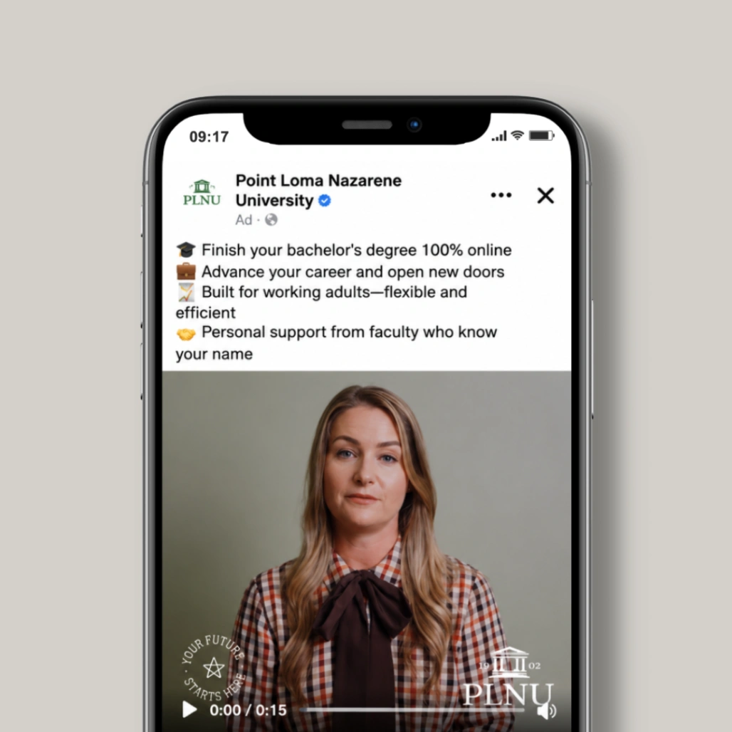 Phone screen showing PLNU Facebook video ad promoting a 100% online bachelor's degree for working adults