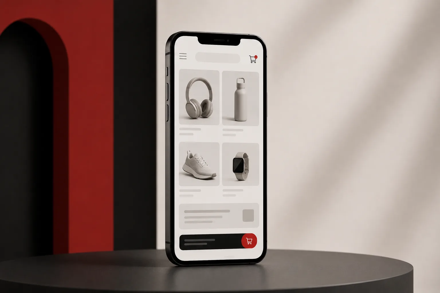 Smartphone displaying headphones, a water bottle, shoes and a watch in a minimal mobile shopping interface with a red cart button.