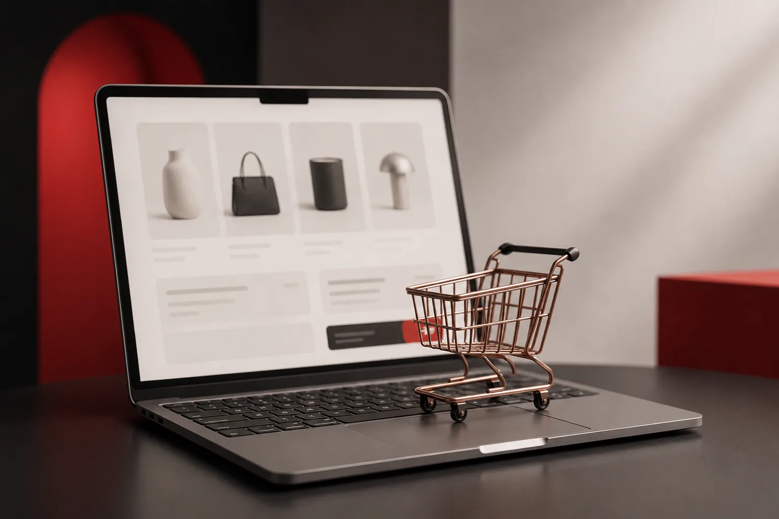 Miniature metallic shopping cart resting on a laptop keyboard beside a softly glowing ecommerce interface.