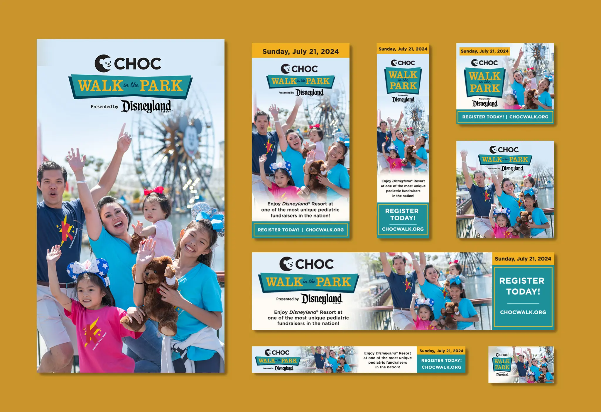Layout of 2024 CHOC Walk in the Park collateral: a hero poster of a cheering family at Disney California Adventure with matching web banners, social tiles, and ads. 